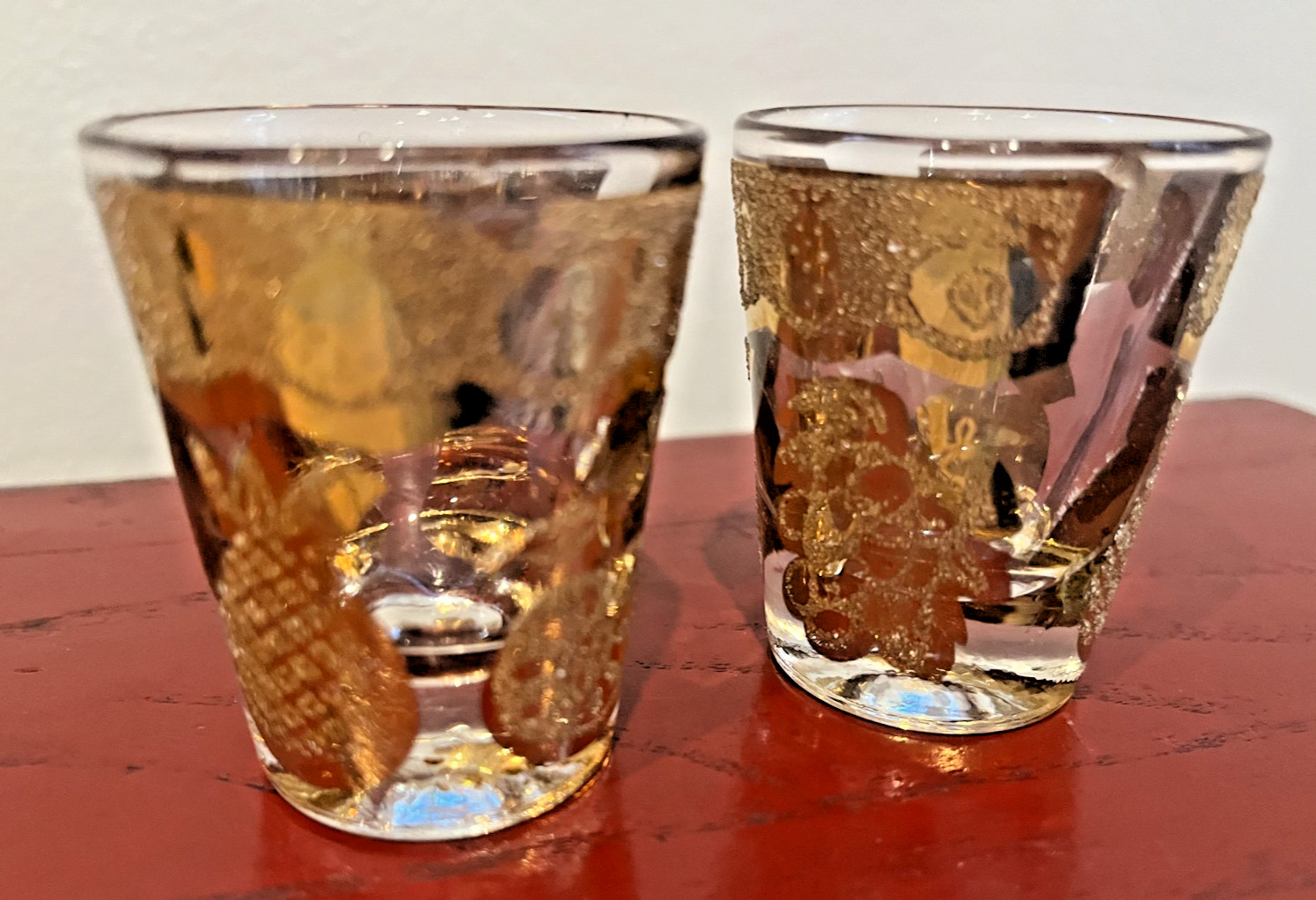 Vintage Culver Set (2) Florentine Fruit Shot Glasses 22kt Gold MCM Barware