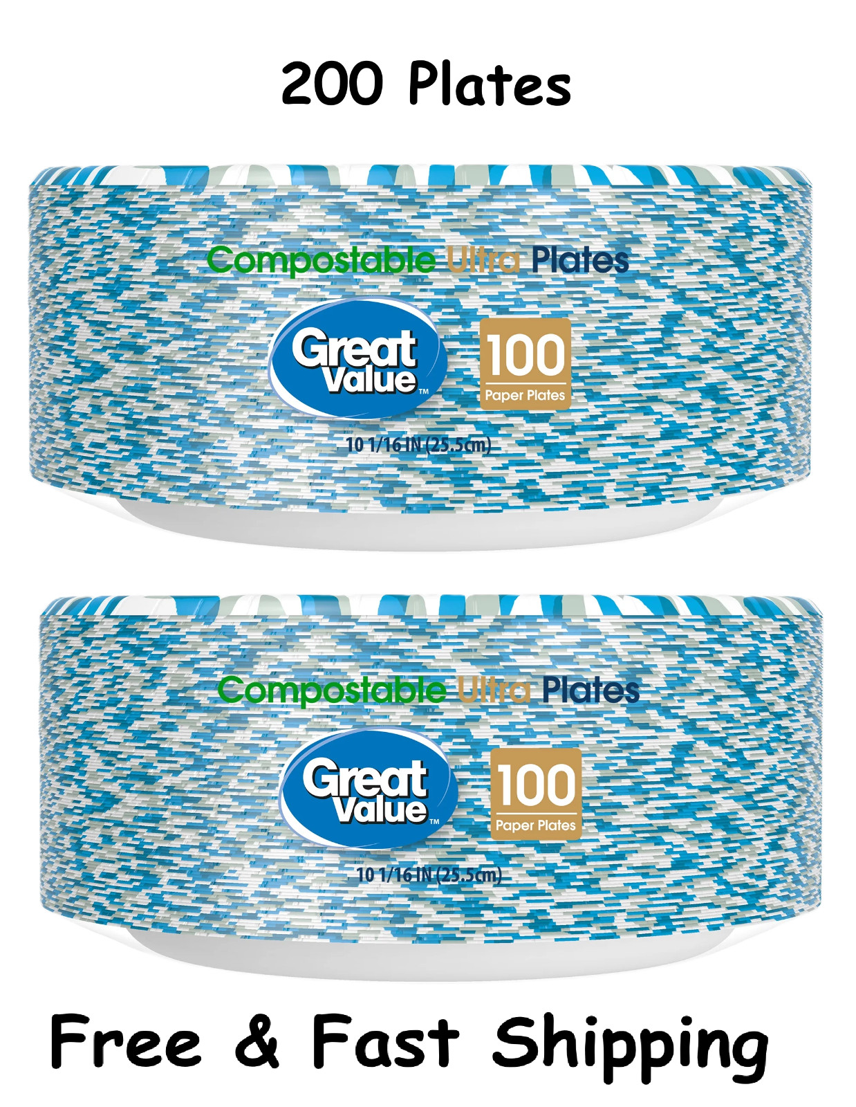 Great Value Ultra Paper Plates, 10”, White, 200 Count