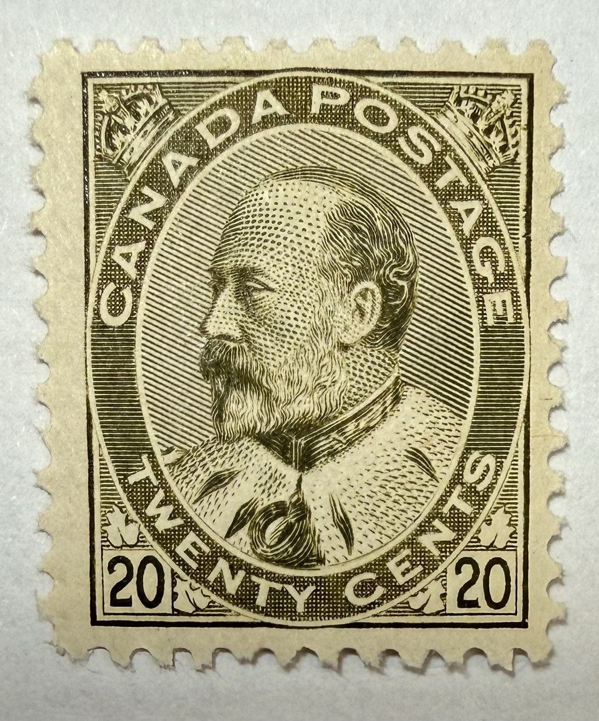 Canada #94 1904 20c olive green Edward VII perf 12 MH/VF, toned gum; $1,250 UCV Canada #94 1904 20c olive green Edward VII perf 12 MH/VF, toned gum; $1,250 UCV