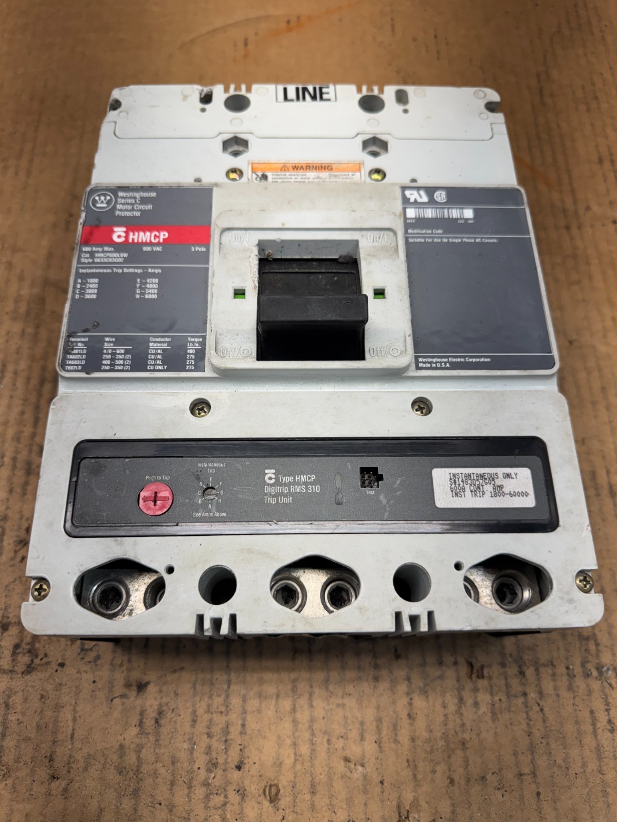USED WESTINGHOUSE 3-POLE 600AMP CIRCUIT BREAKER HMCP600L6W