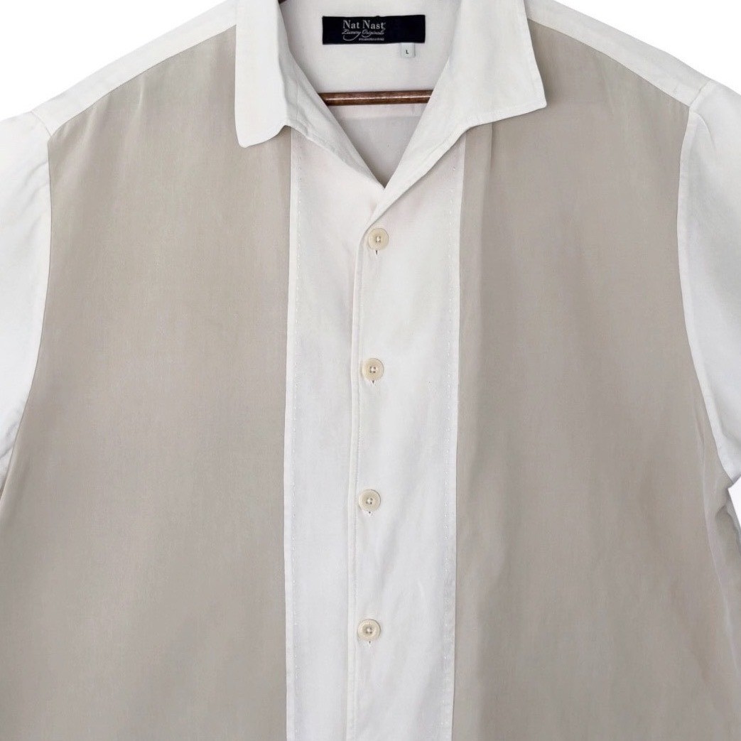 Nat Nast Luxury Originals Silk Bowling Shirt Mens Large Tan Cream Two Tone Logo