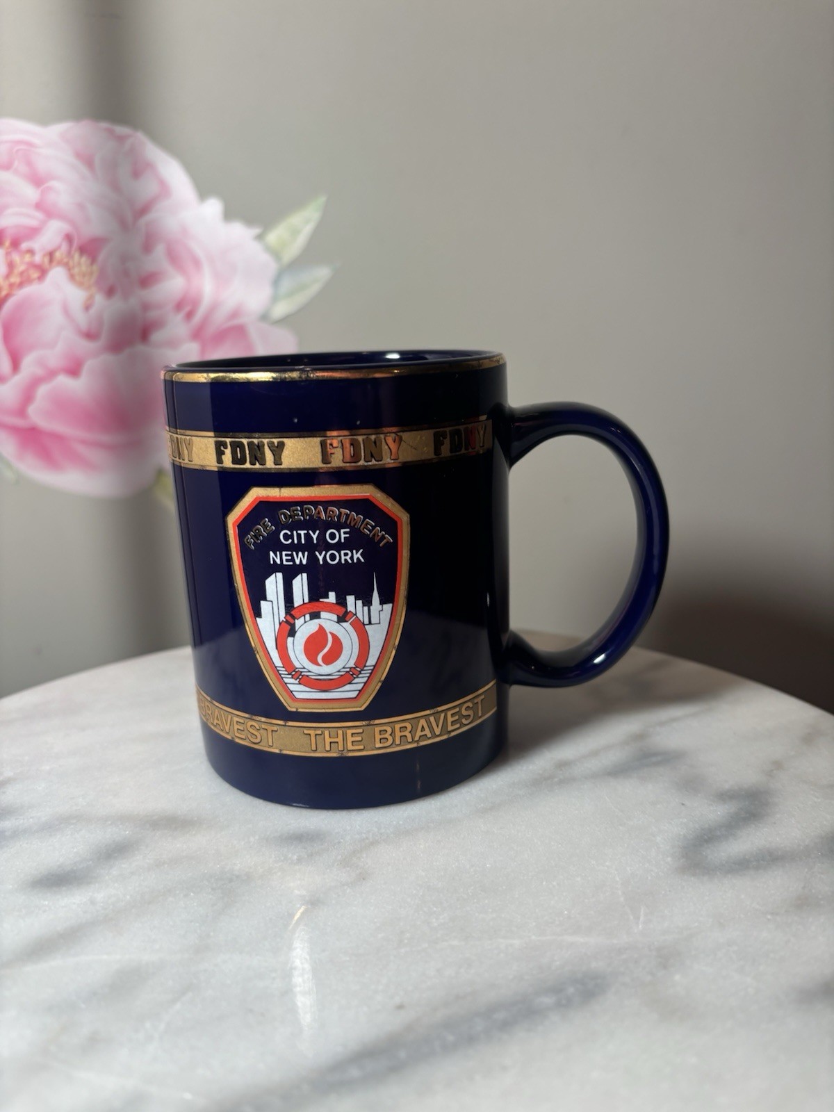 ⁠Official FDNY City Merchandise Coffee Mug Blue Gold Rim The Bravest Shield NYC