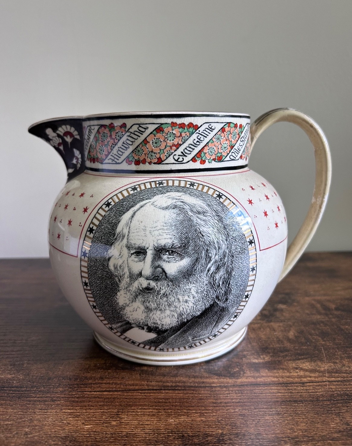 Wedgewood transferware pitcher featuring Henry Wadsworth Longfellow