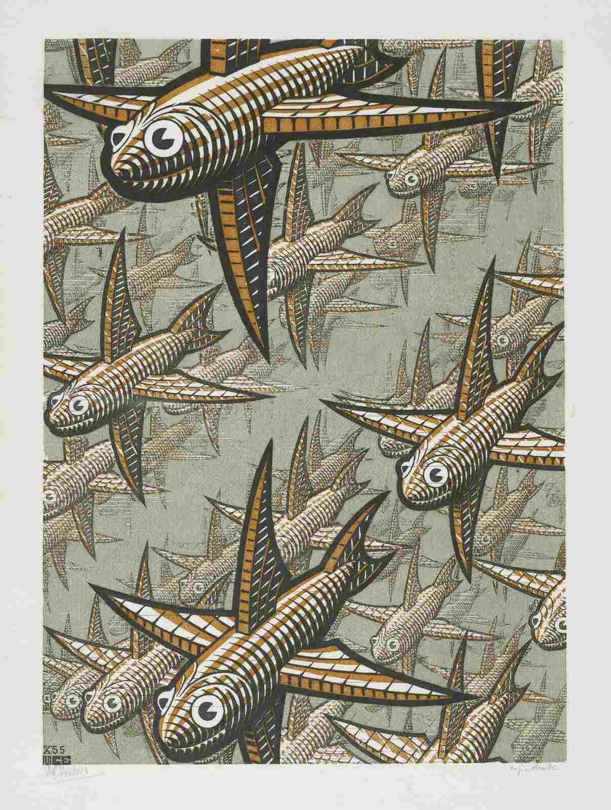 M. C. Escher : Depth : Tessellation Fish Optical Illusion Print 1955