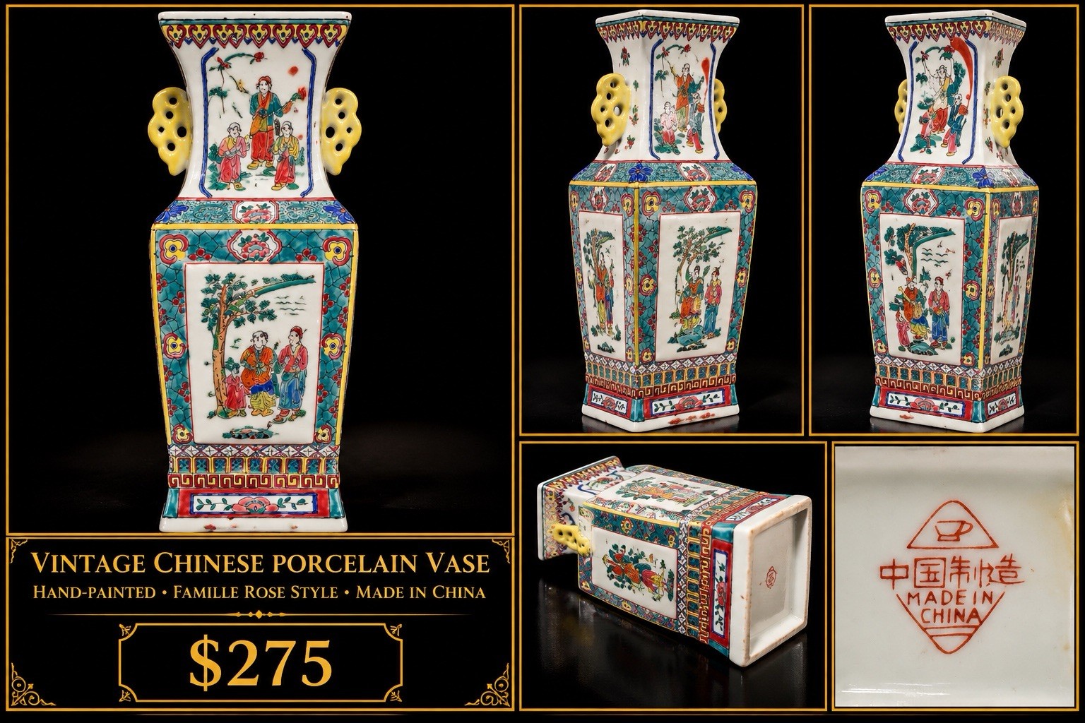 Chinese Porcelain Vase Hand-Painted Famille Rose Style Multicolor/White