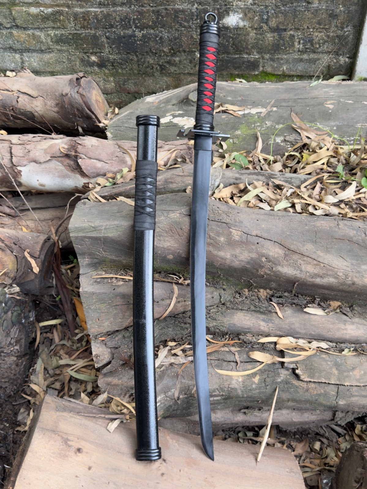 Handmade Black Katana Sword with Red Wrap & Matching Sheath – Japanese Samurai