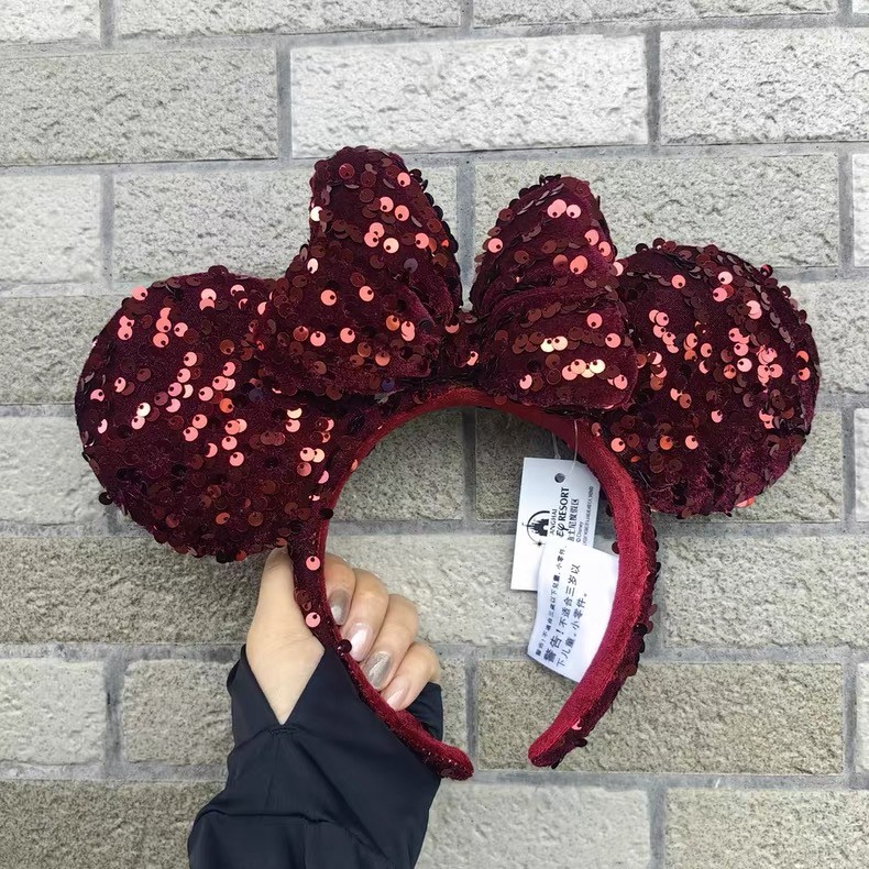 Japan Disney Parks Dark Red Velour Sequin Minnie Ears Tokyo Disneyland Headband