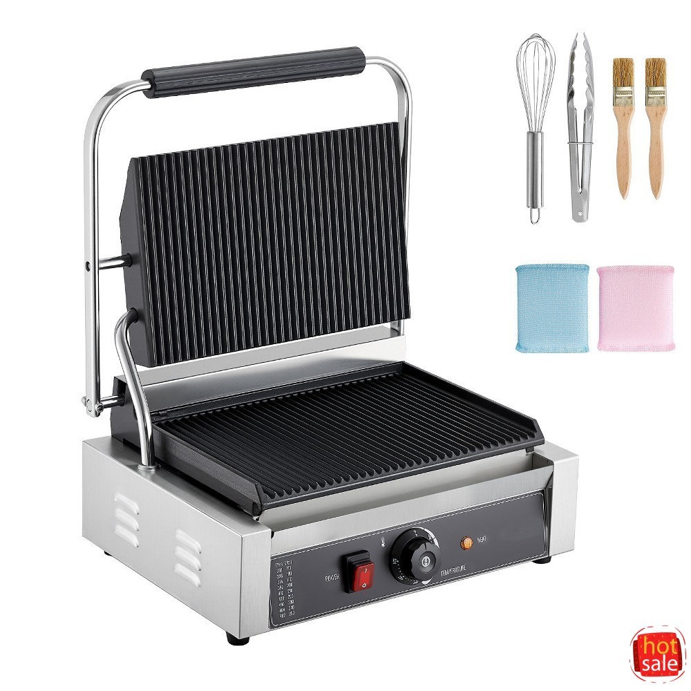 VEVOR Commercial Panini Grill, 1800W Electric Sandwich Press, 13.5x9.3-in Silver
