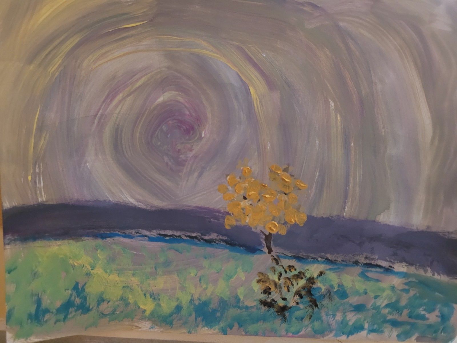 Acrylic On Paper Landscape With Golden Tree Under A Swirling Twilight Sky 