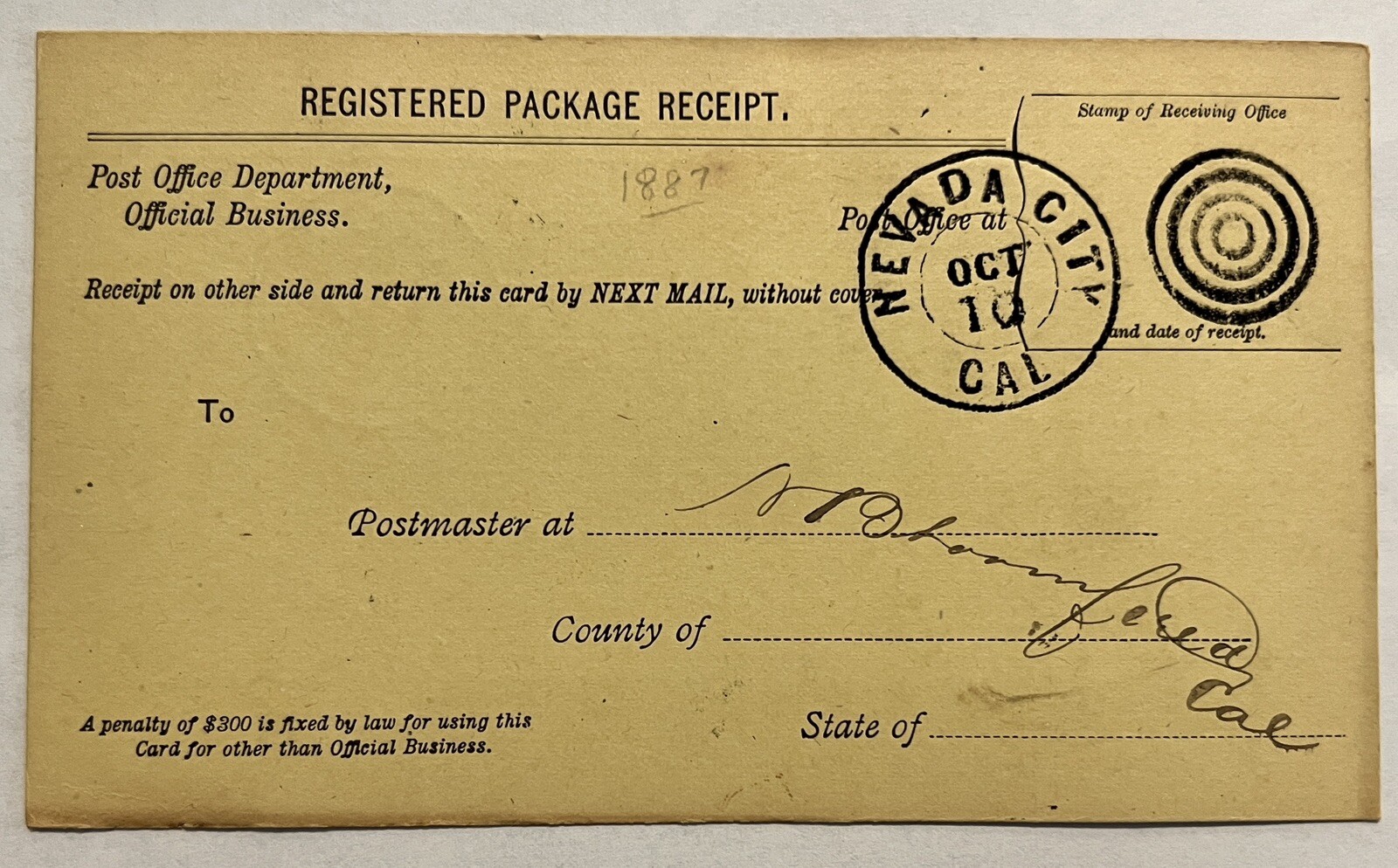 RARE GHOST TOWNS 1887 FOREST CITY CA MOORE\'S FLAT, N. BLOOMFIELD POSTAL RECEIPT RARE GHOST TOWNS 1887 FOREST CITY CA MOORE\'S FLAT, N. BLOOMFIELD POSTAL RECEIPT