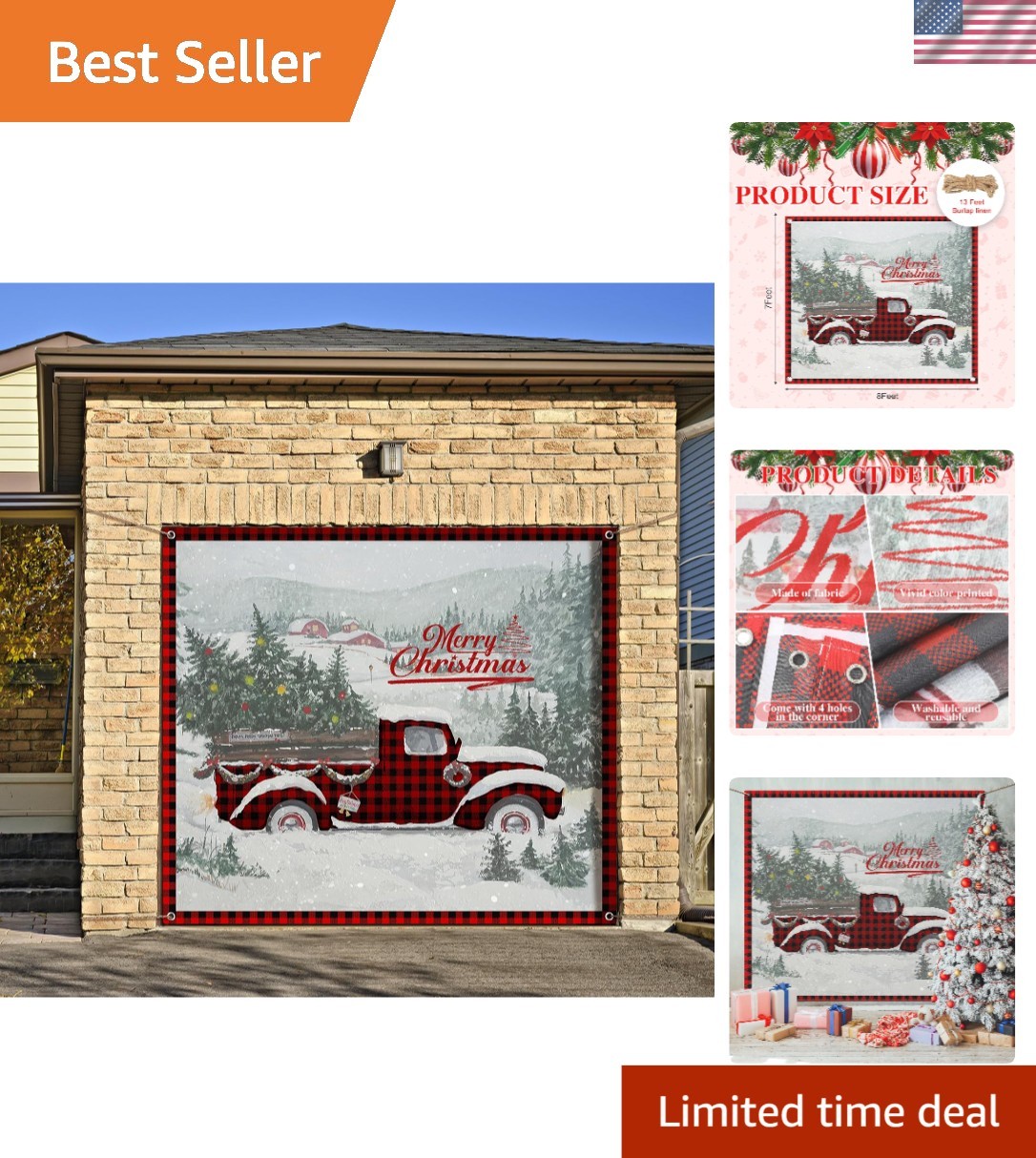 Festive 7x8 ft Christmas Garage Door Banner with Truck Design & Hemp Rope