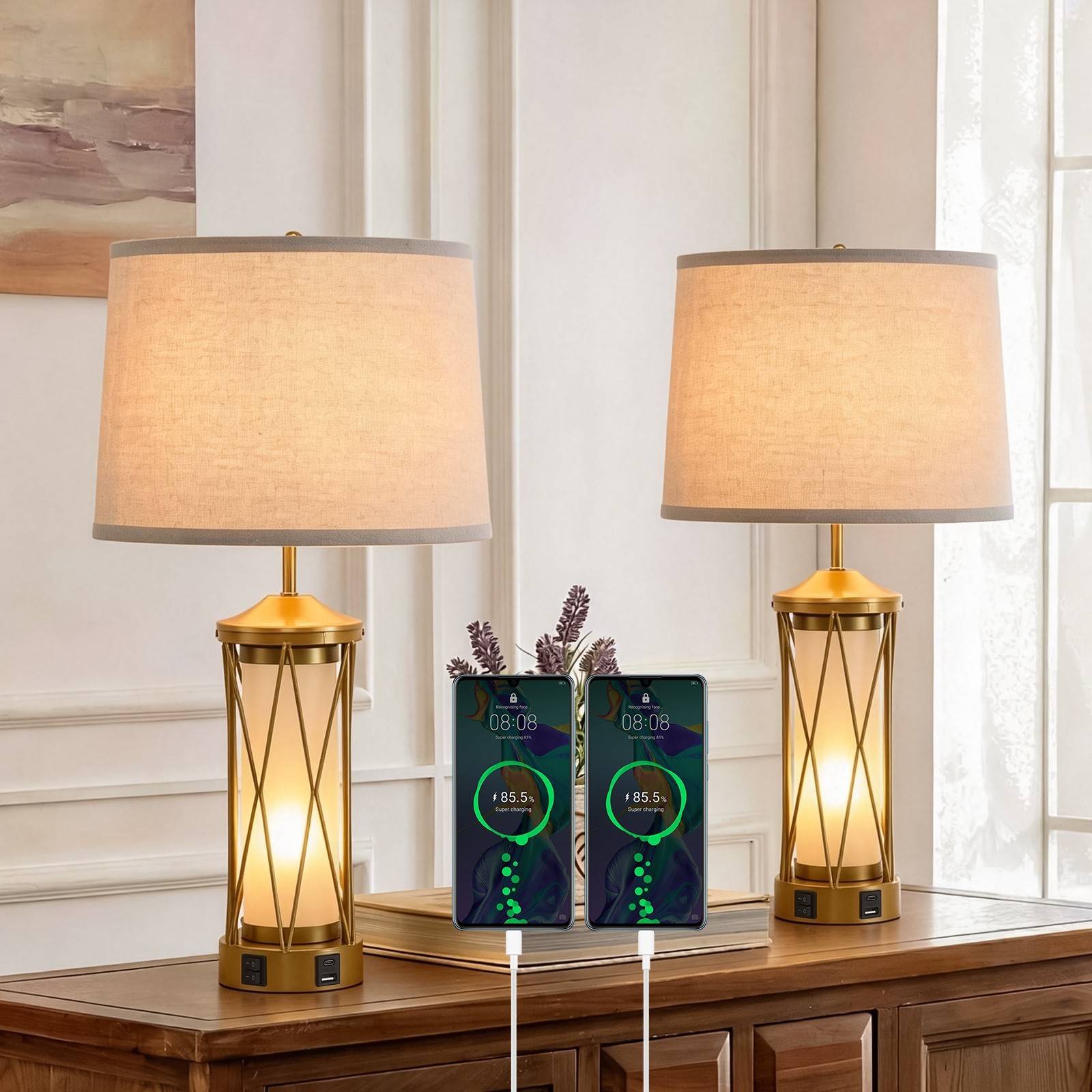 2 Pack Gold Table Lamps, 3 Color Temperature, Dual Lights Nightstand Lamp Set