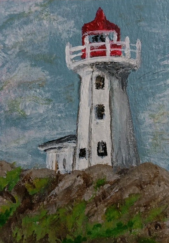Hand Painted ACEO Card 2.5 X 3.5 Inch Acrylic On Paper Lighthouse Painting Hand Painted ACEO Card 2.5 X 3.5 Inch Acrylic On Paper Lighthouse Painting