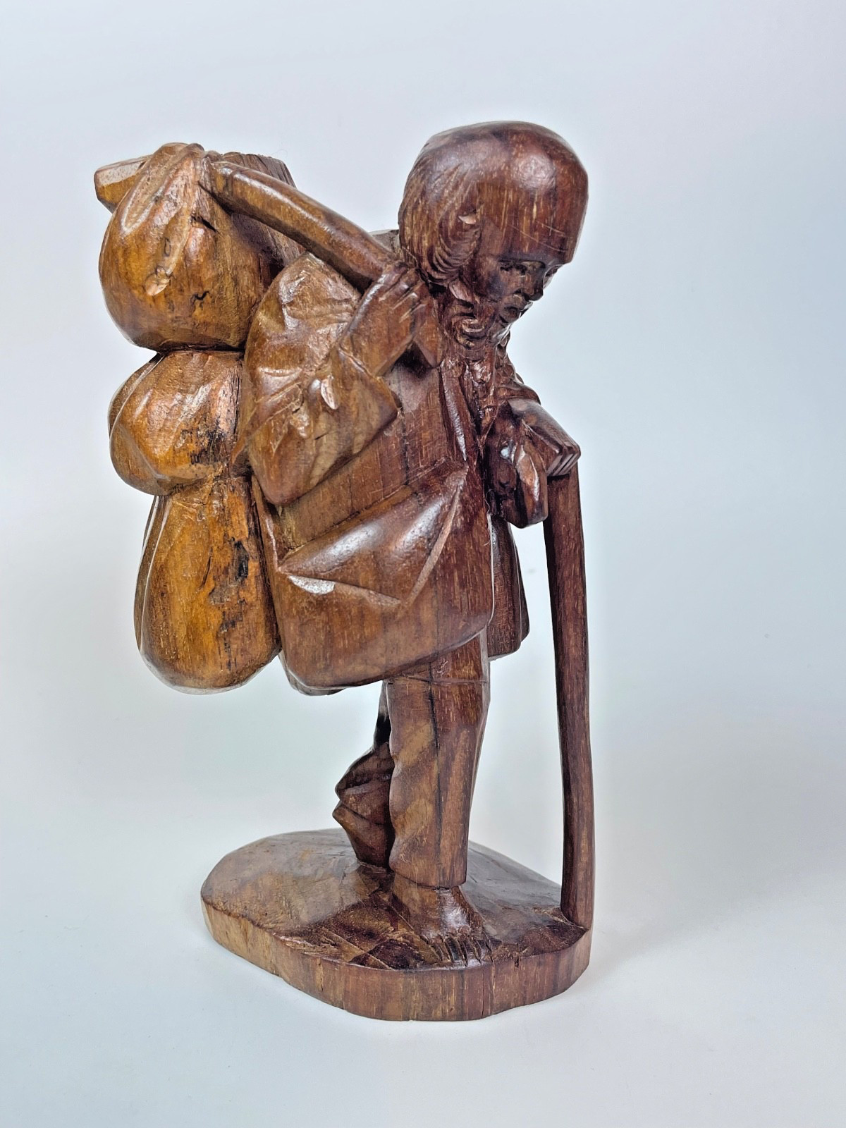 Vintage Hand Carved Wood Porter Traveler Folk Art Figure Bundles Walking Staff