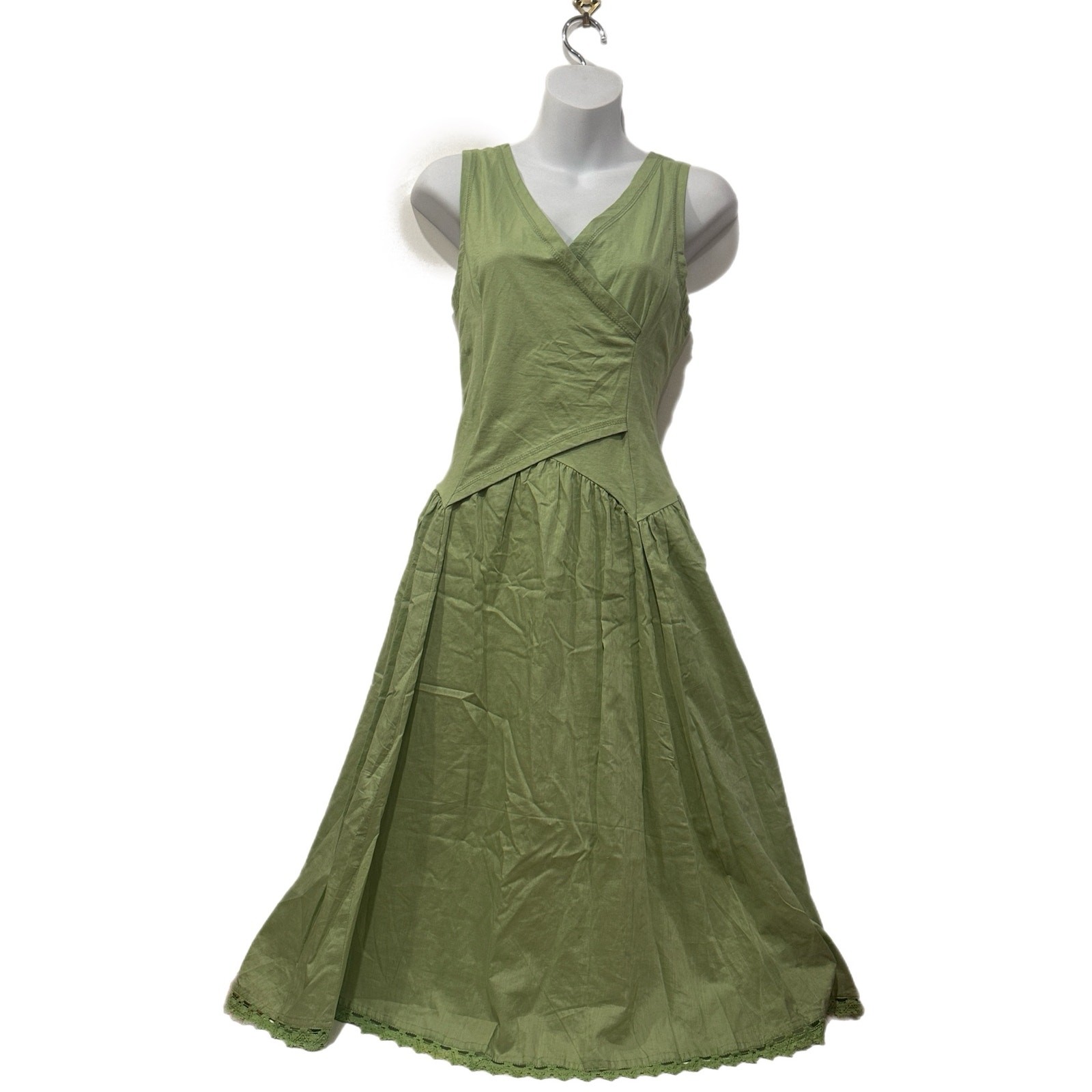 NWT Zashi Pistachio Green Faux Wrap Surplice Crochet Trim Midi Dress Medium