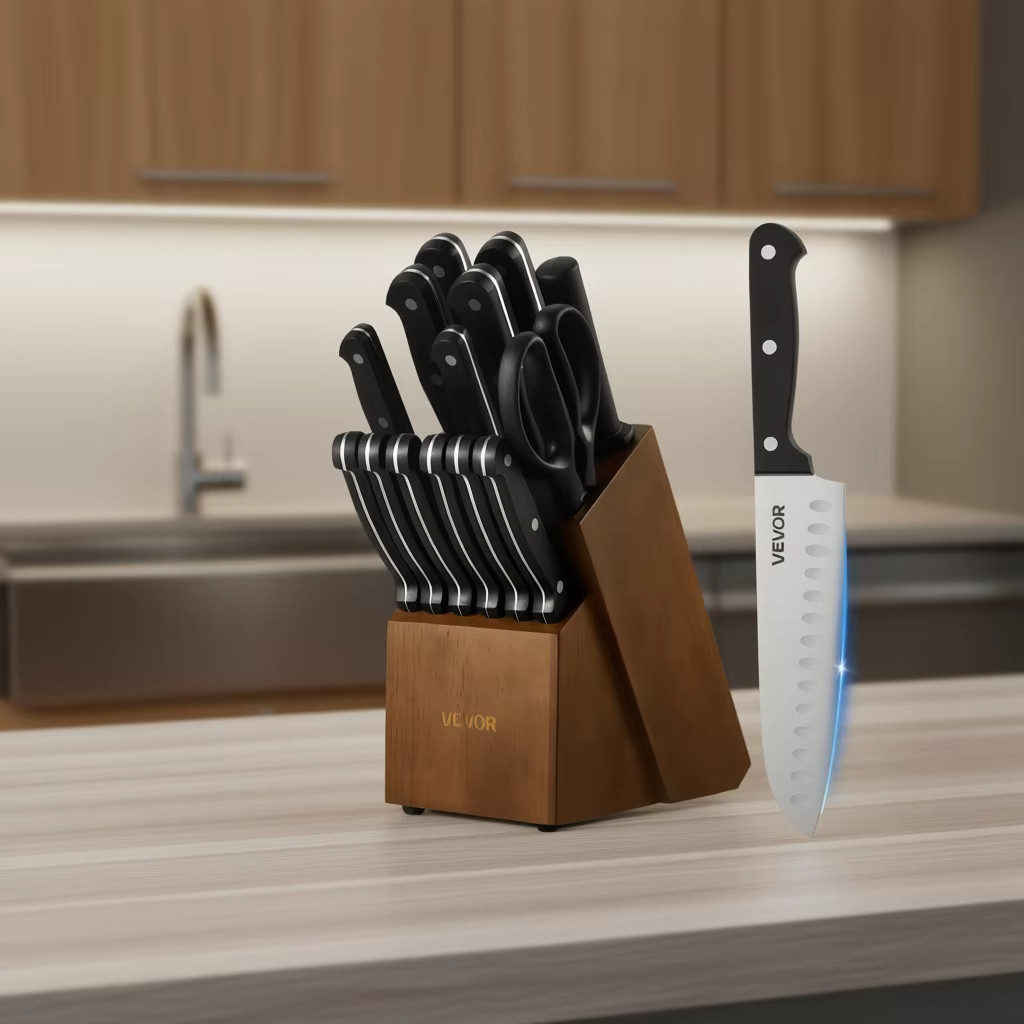 15-Piece Stainless Steel Kitchen Knife Set with Wooden Block Ergonomic Handle 15-Piece Stainless Steel Kitchen Knife Set with Wooden Block Ergonomic Handle