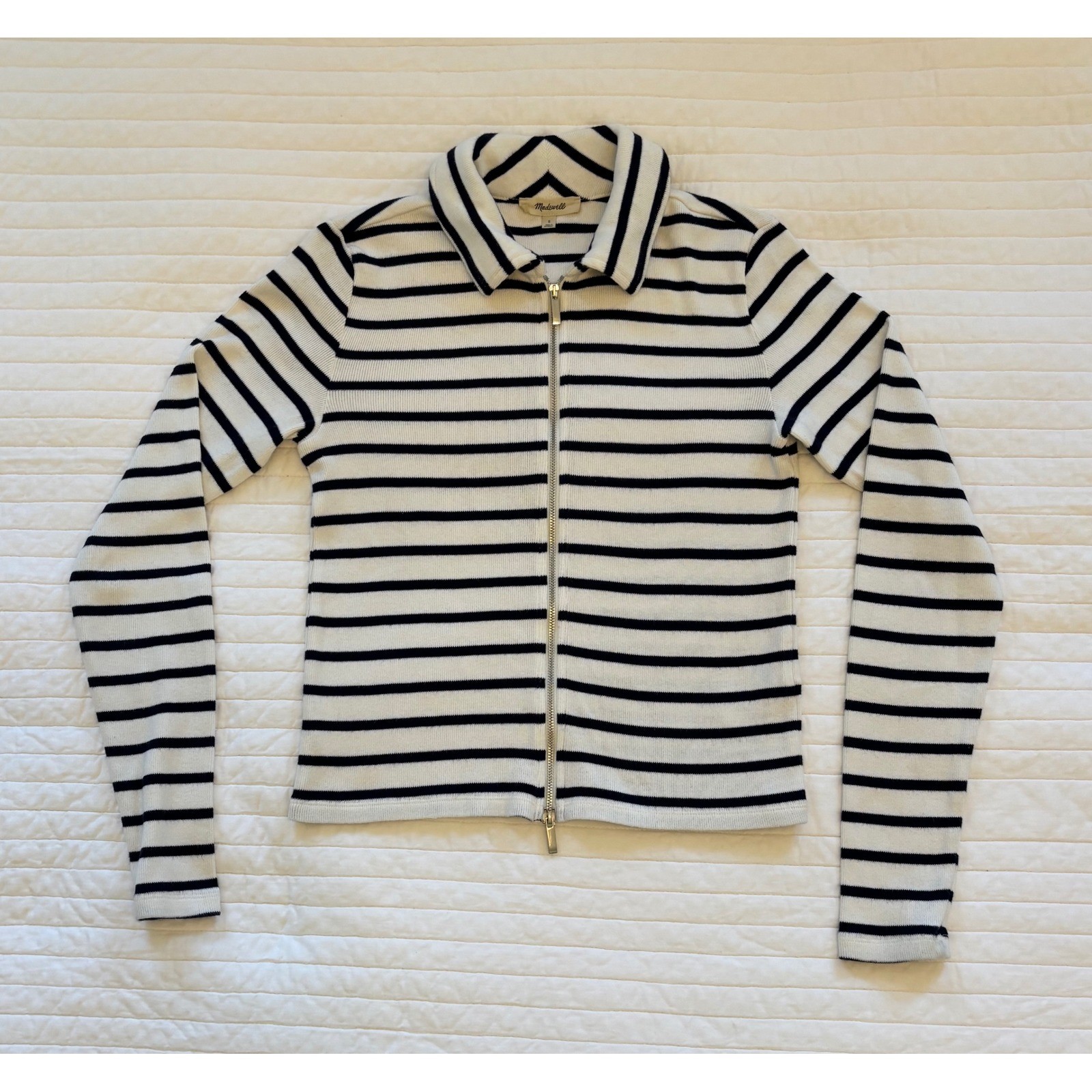 Madewell Nautical Hamptons Preppy Cotton Navy White Striped Ribbed Zip Front S Madewell Nautical Hamptons Preppy Cotton Navy White Striped Ribbed Zip Front S
