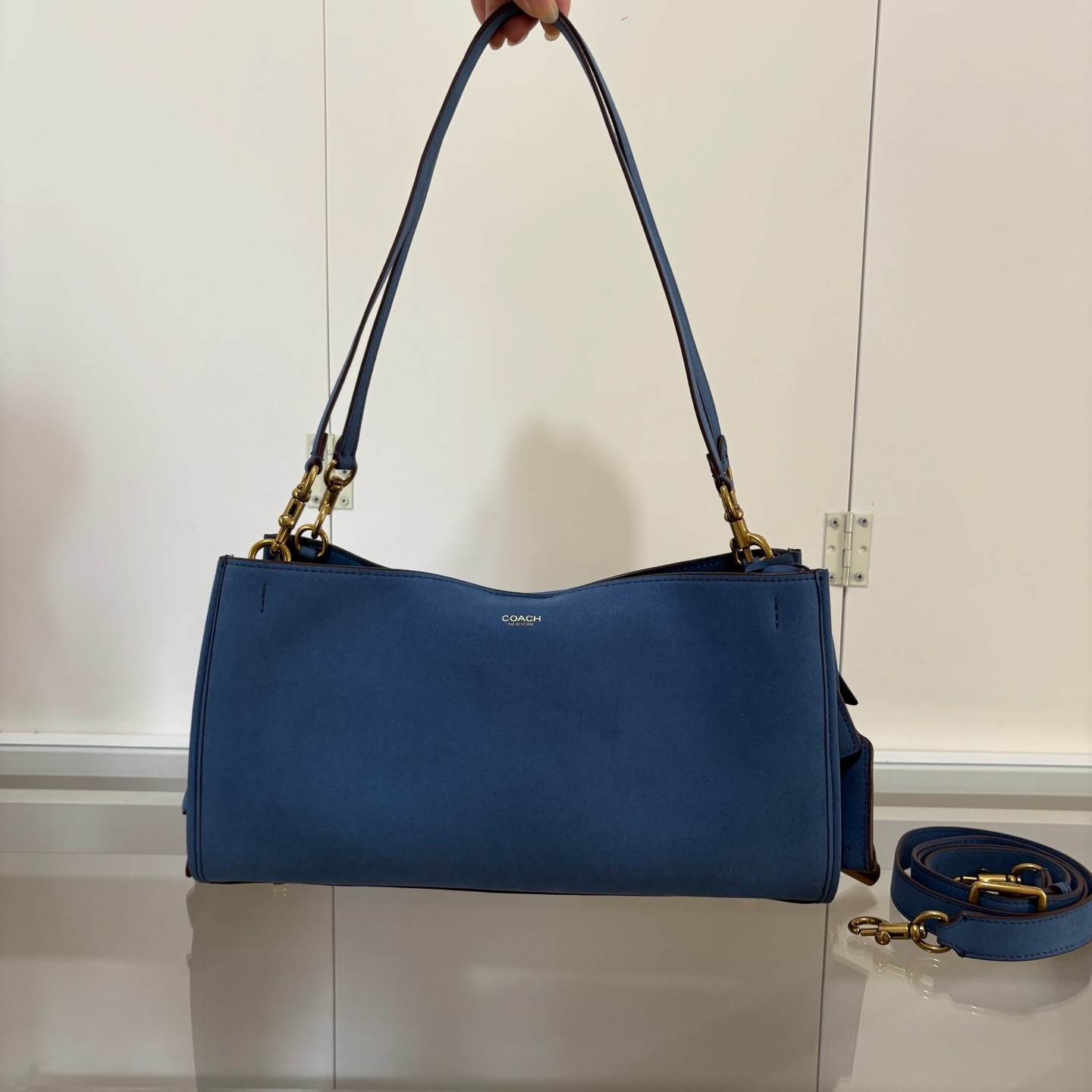 Coach Blue Leather Shoulder Tote Bag 34x17.5x12cm Detachable Crossbody Strap