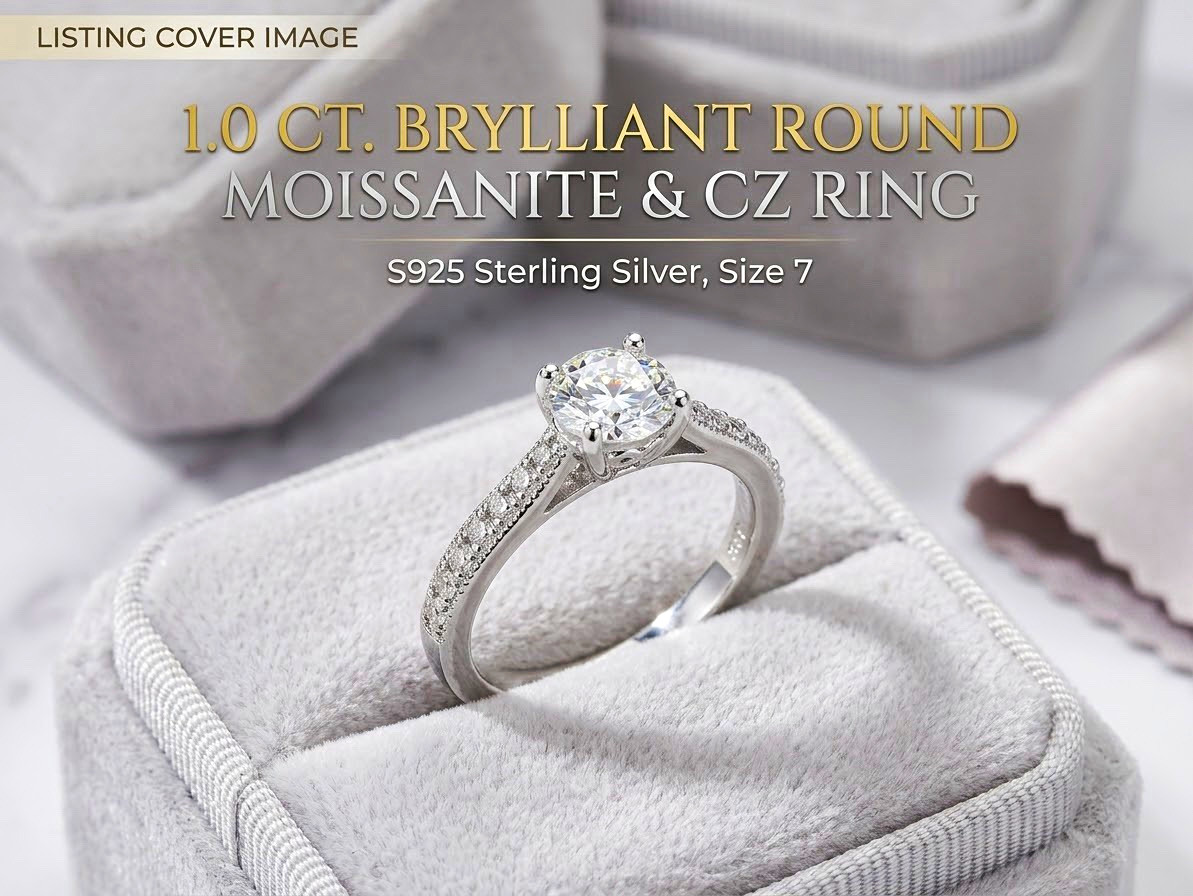 1.0 CT Round Moissanite & CZ Prong Ring 925 Sterling Silver Size 7 1.0 CT Round Moissanite & CZ Prong Ring 925 Sterling Silver Size 7