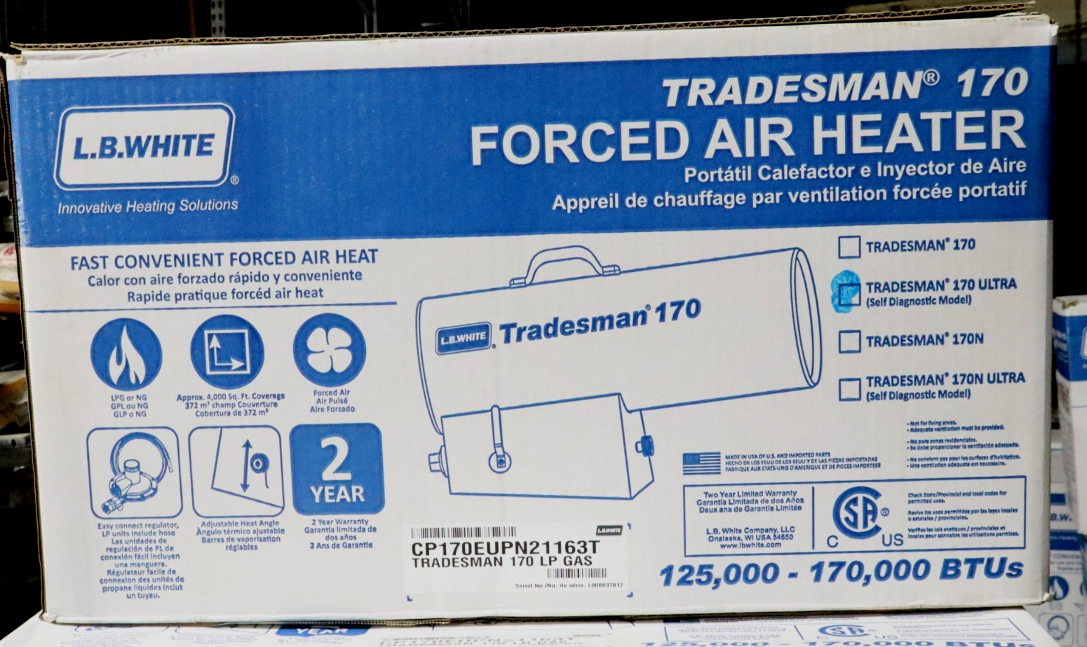 LB White Ultra Heater Tradesman 170 125,000-170,000 BTUs LP-w/Diagnostic Light