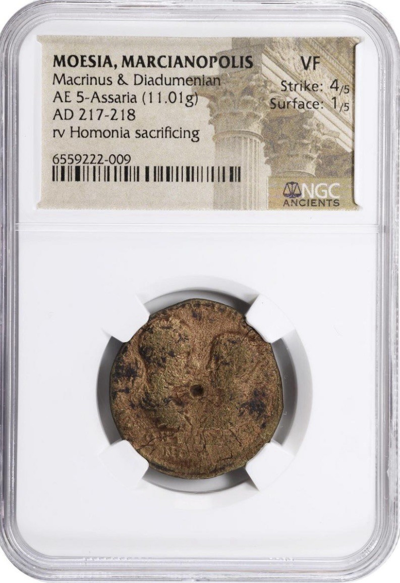 Diadumenian & Macrinus 217-218 AD, Roman Empire AE 5-Assaria Moesia Coin, NGC VF Diadumenian & Macrinus 217-218 AD, Roman Empire AE 5-Assaria Moesia Coin, NGC VF