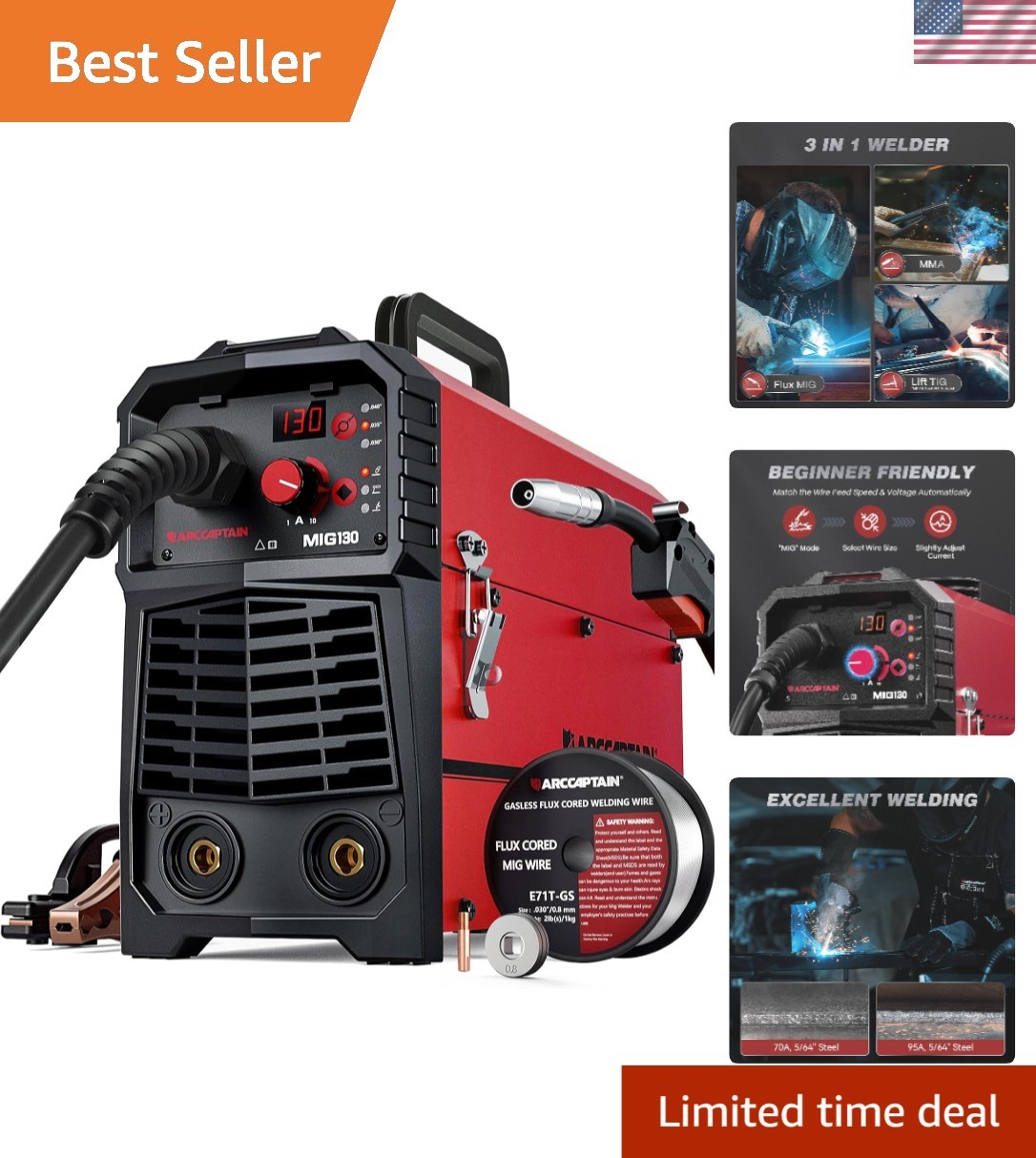 Lightweight 130A Gasless MIG Welder with Safety Protection – Perfect for Repairs