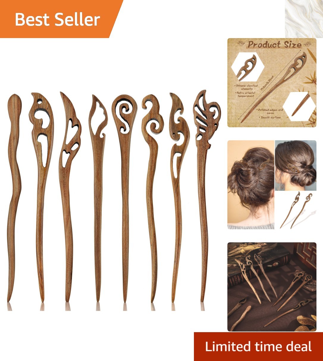 Elegant 8 Pcs Hair Chopsticks Set - Sandalwood with Retro Patterns for Women