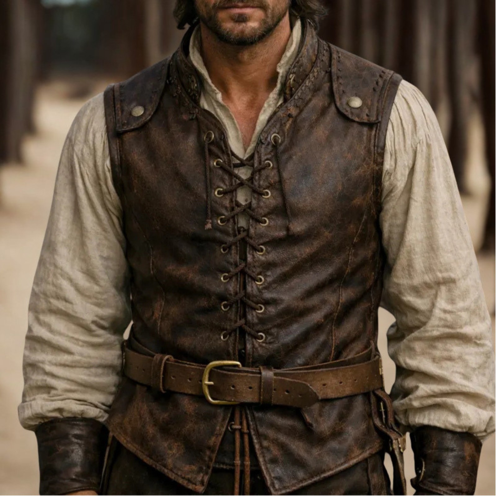 Men\'s Leather Steampunk Vest Brown Gothic Renaissance Lace Up Waistcoat