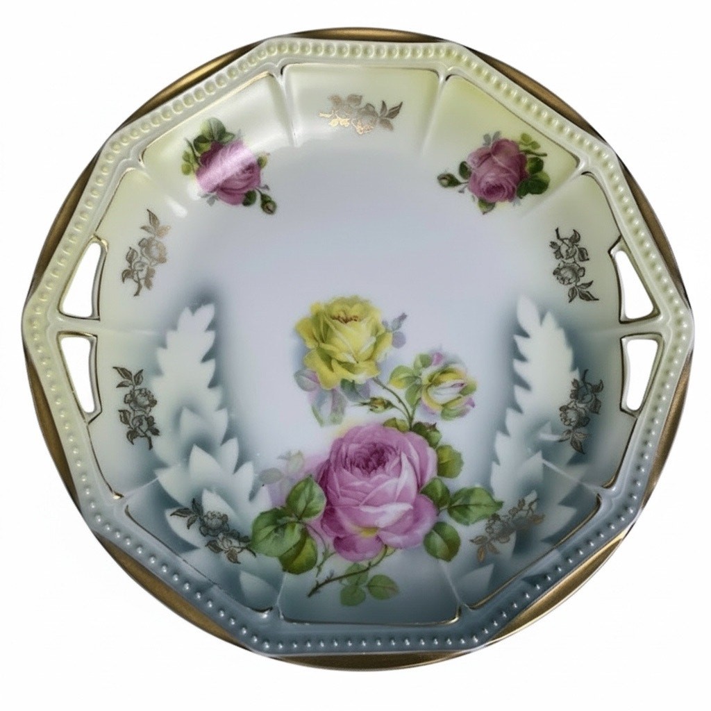 Antique PK Silesia Koenigszelt Handled Cake Plate Roses Gold Reticulated 9”