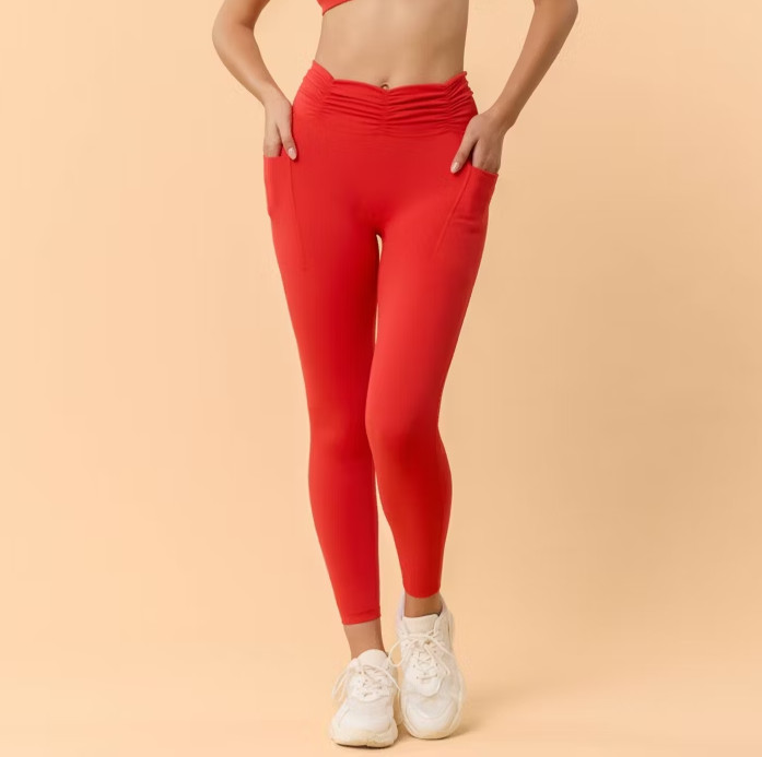 Blogilates Women\'s Ruched Waist Leggings Red High Rise Side Pockets Yoga M