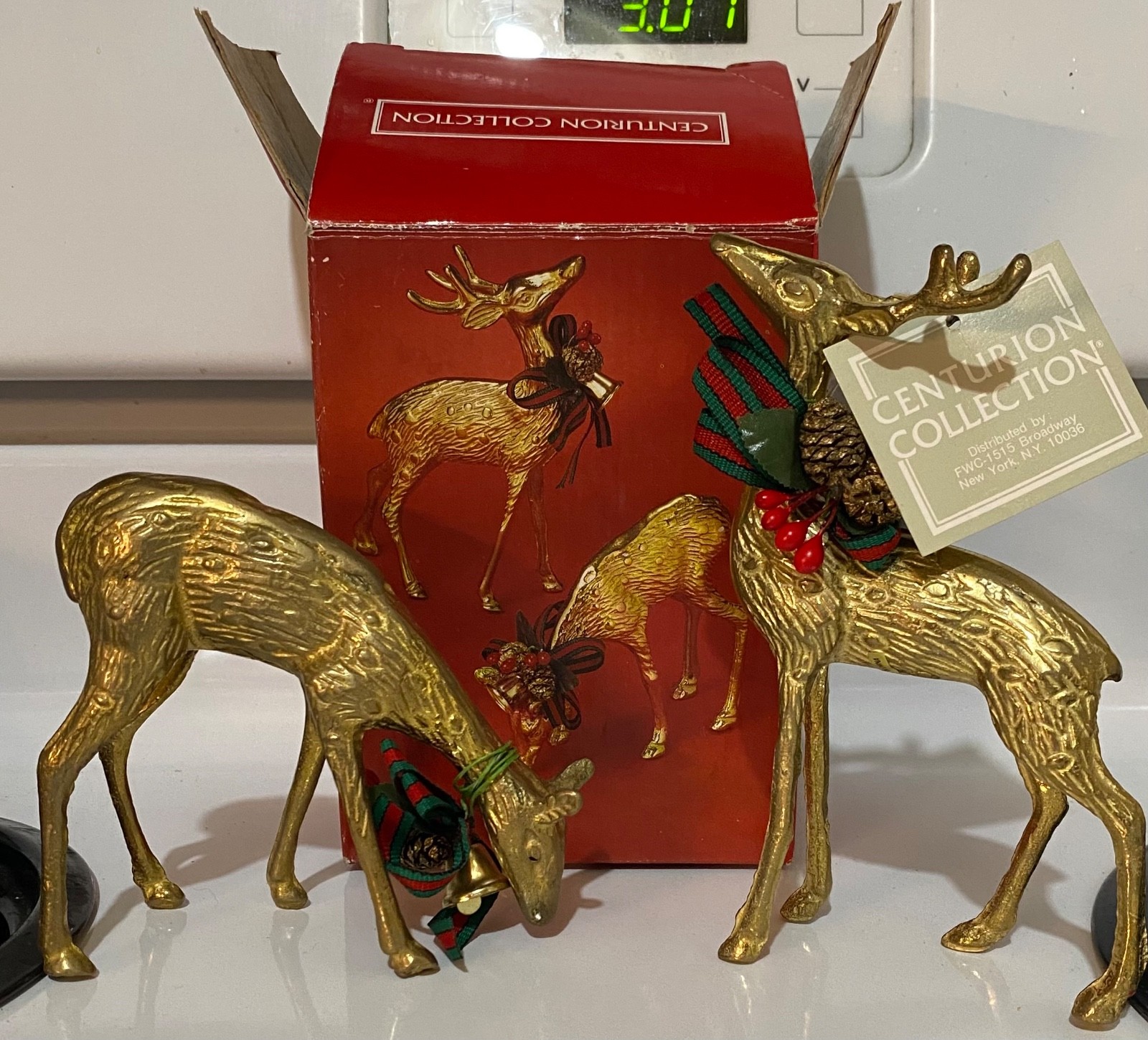 Vtg Centurion Collection Brass Christmas Reindeer Deer Figurines Pair Box Tags
