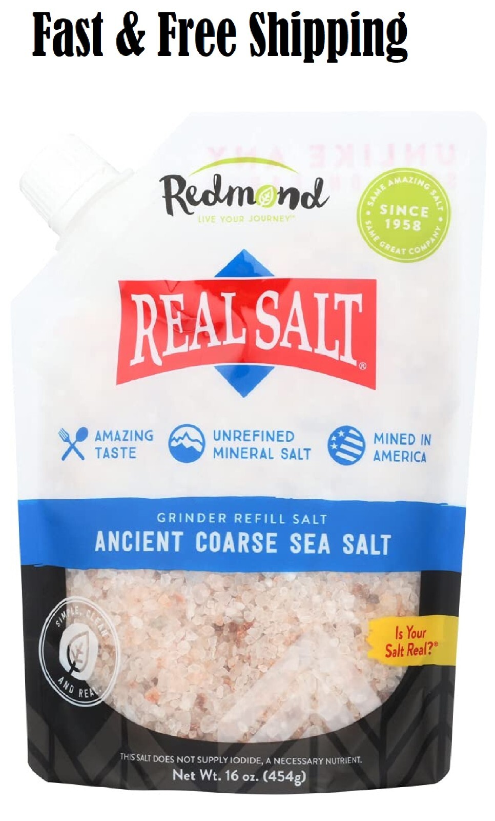 Redmond Real Sea Salt - Natural Unrefined Gluten Free Coarse 16 Ounce Pouch 1 pk