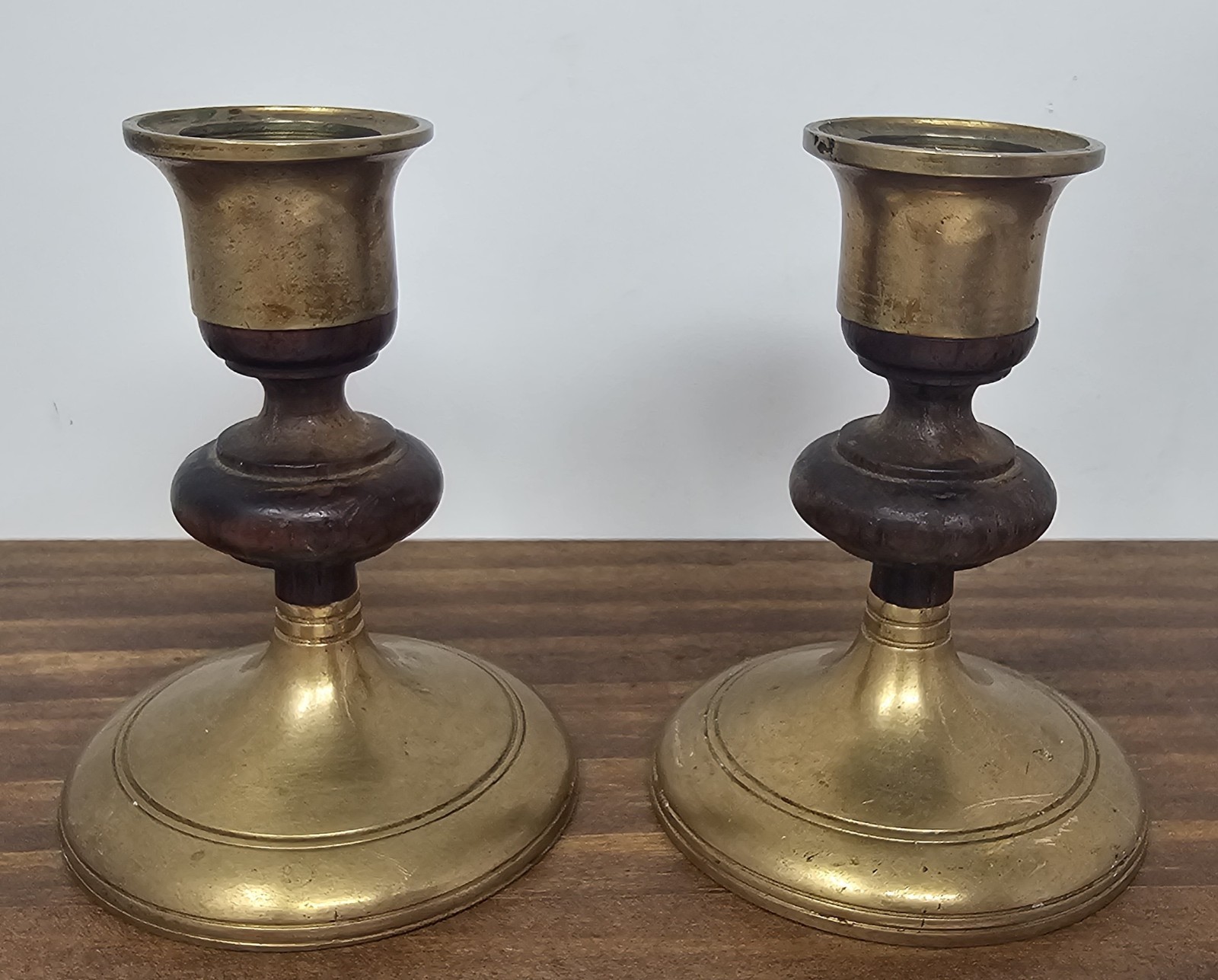 Vintage Pair of MCM Teak Wood & Brass Candle Stick Holders Tapered 3.5 Vintage Pair of MCM Teak Wood & Brass Candle Stick Holders Tapered 3.5