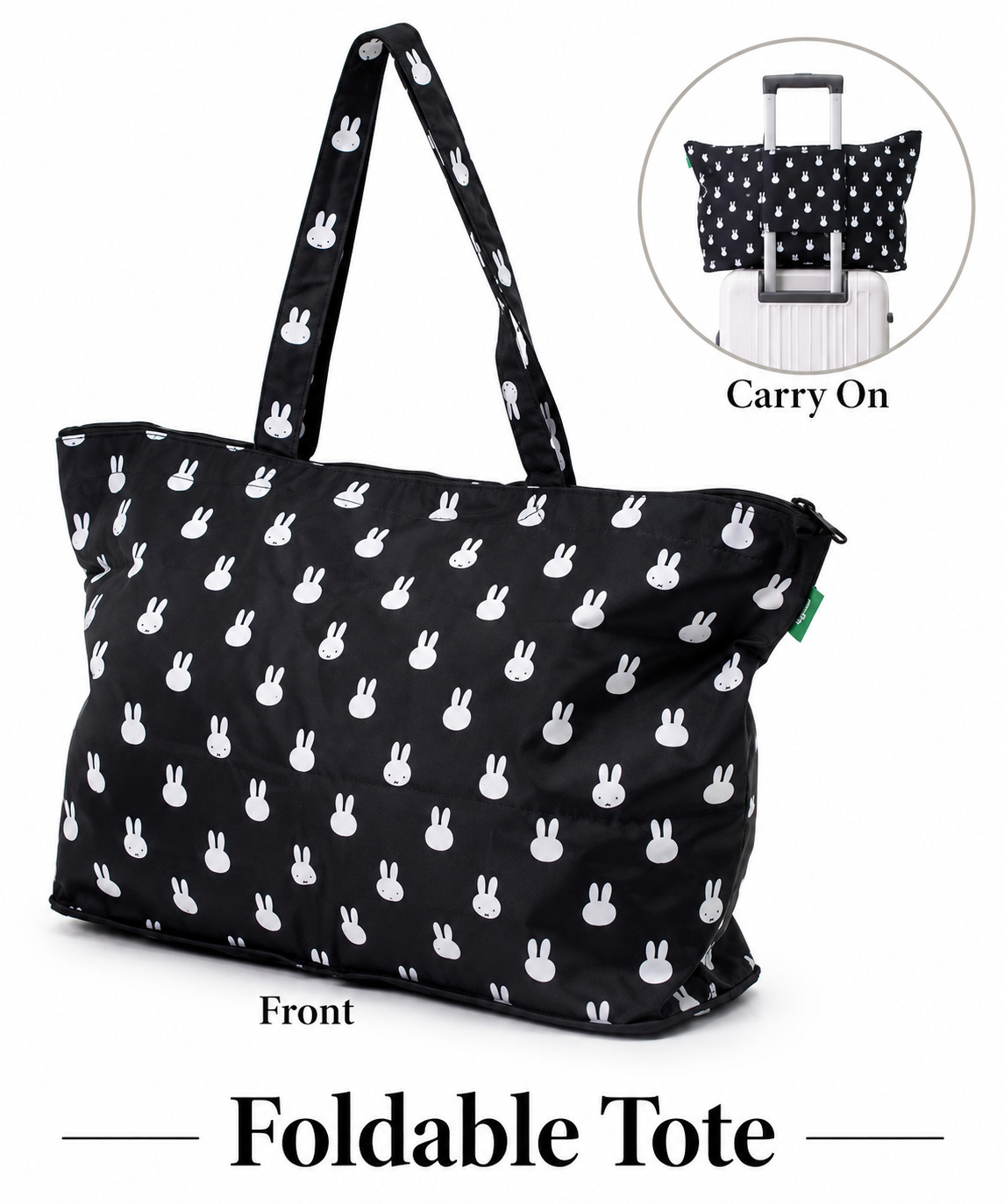 NWT Miffy LARGE Foldable Carry-On Tote Bag Purse Rabbit BLACK Travel Folding Fun