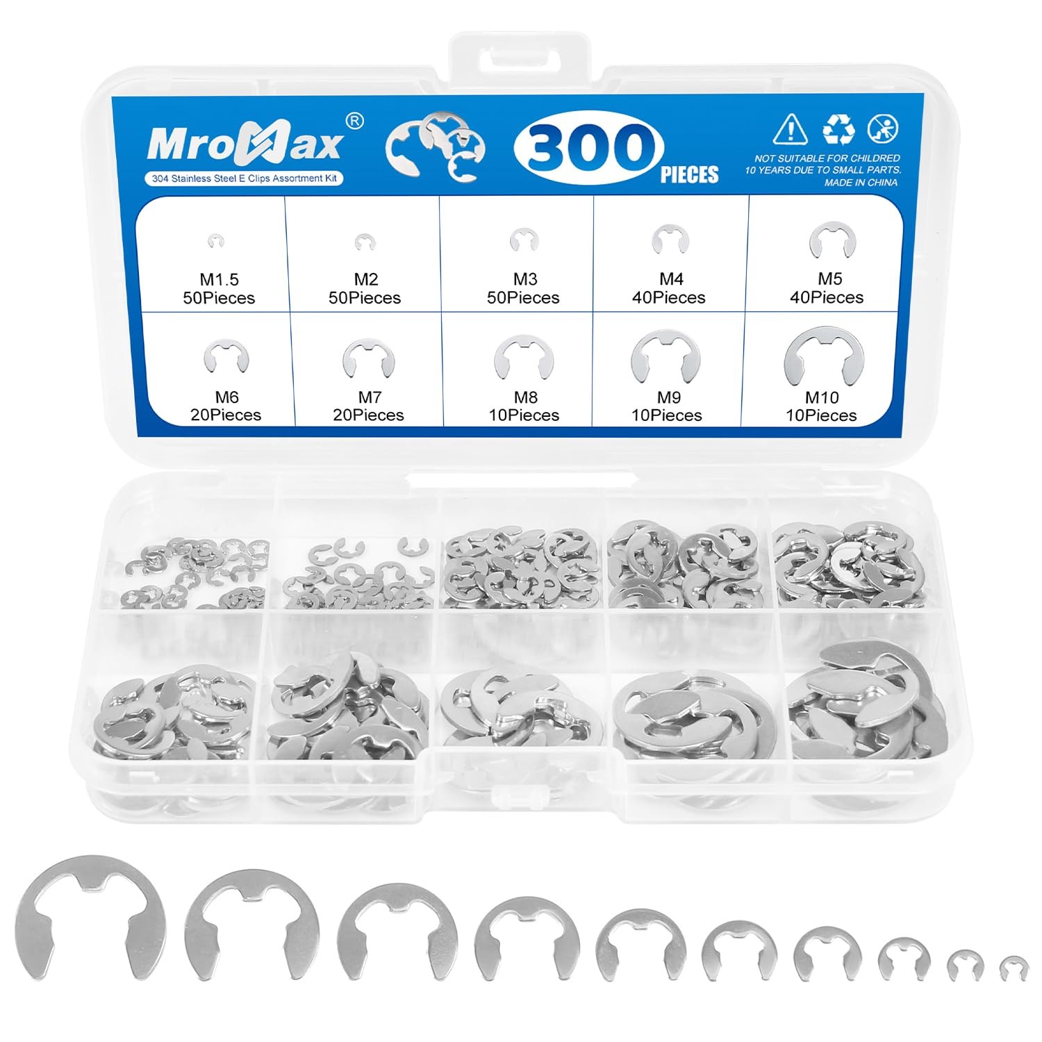 300Pcs Stainless Steel E-Clip Assortment Kit 10 Sizes M1.5-M10 External Circl