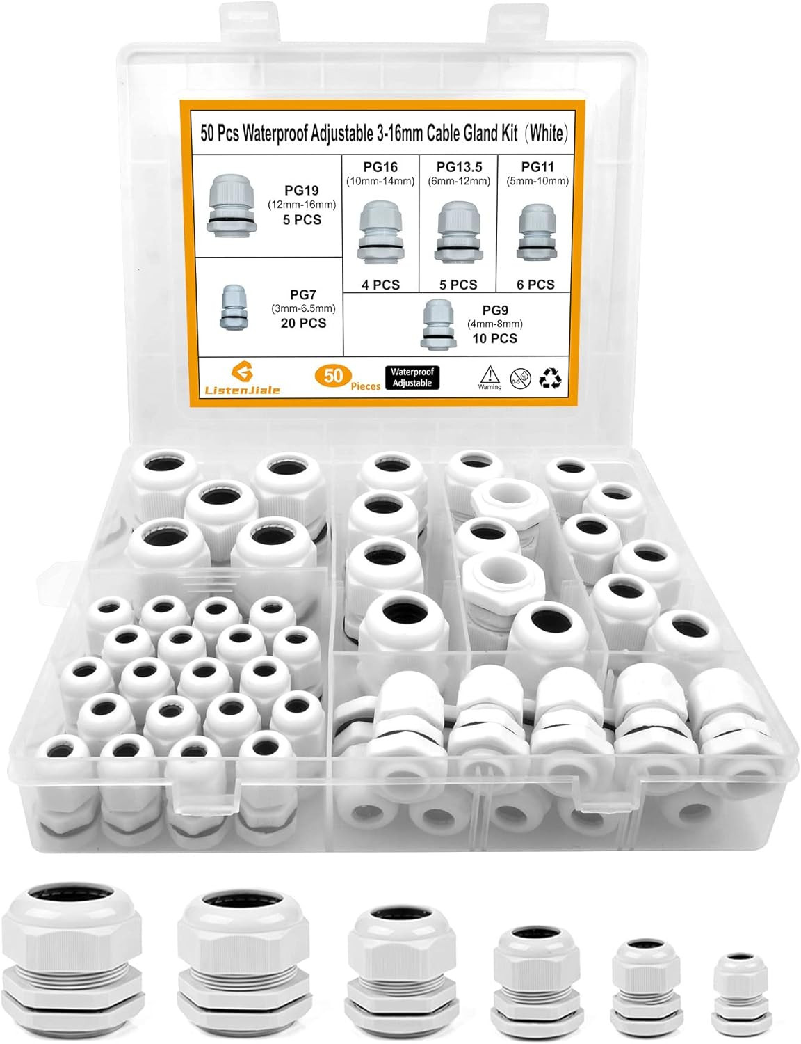 Cable Gland Waterproof, 50 Pcs Adjustable 3-16Mm Waterproof Cable