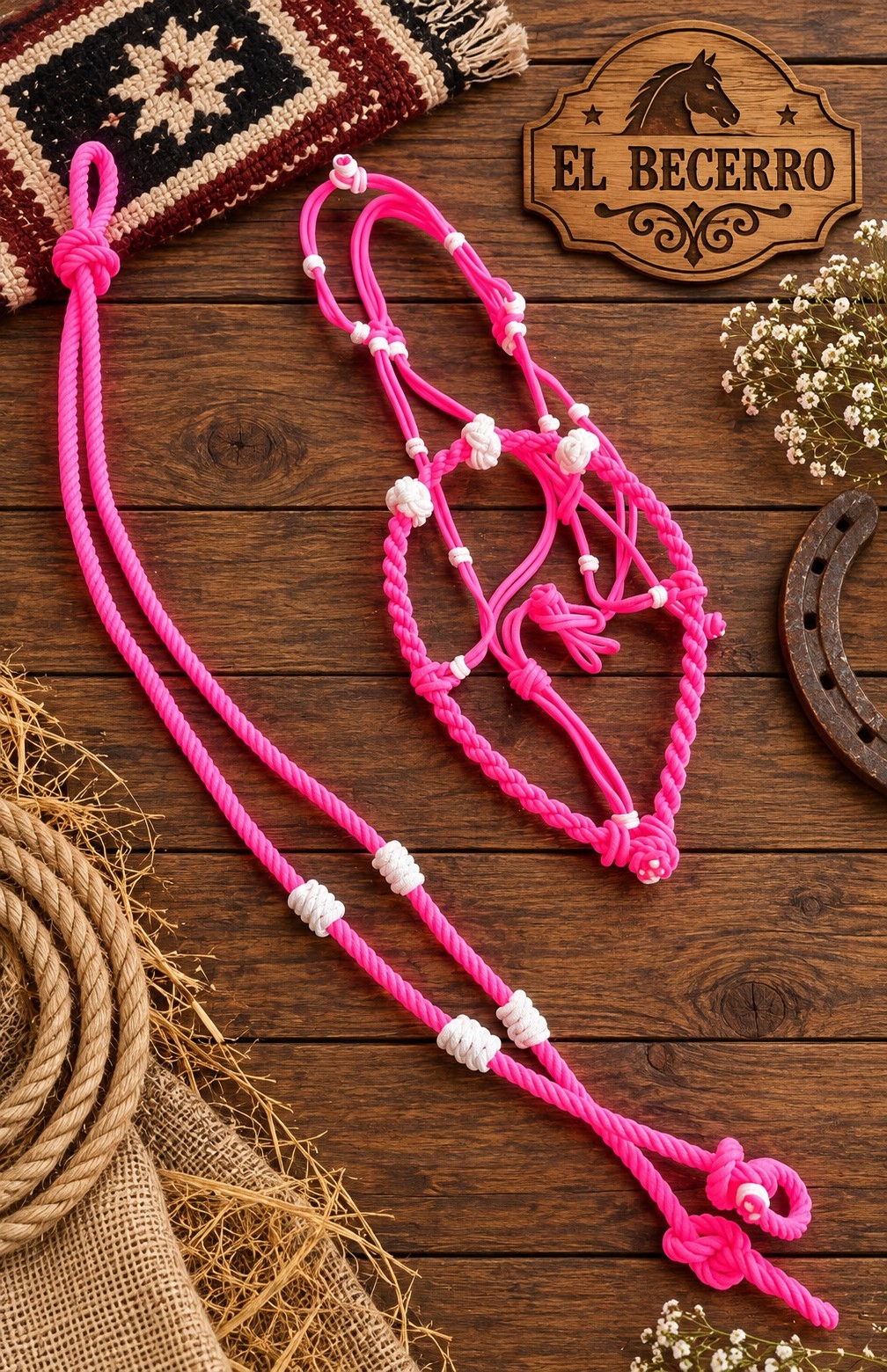 Bosal Riendas Rosa Blanco Charras Pink White Horse Halter/ Lead Rope
