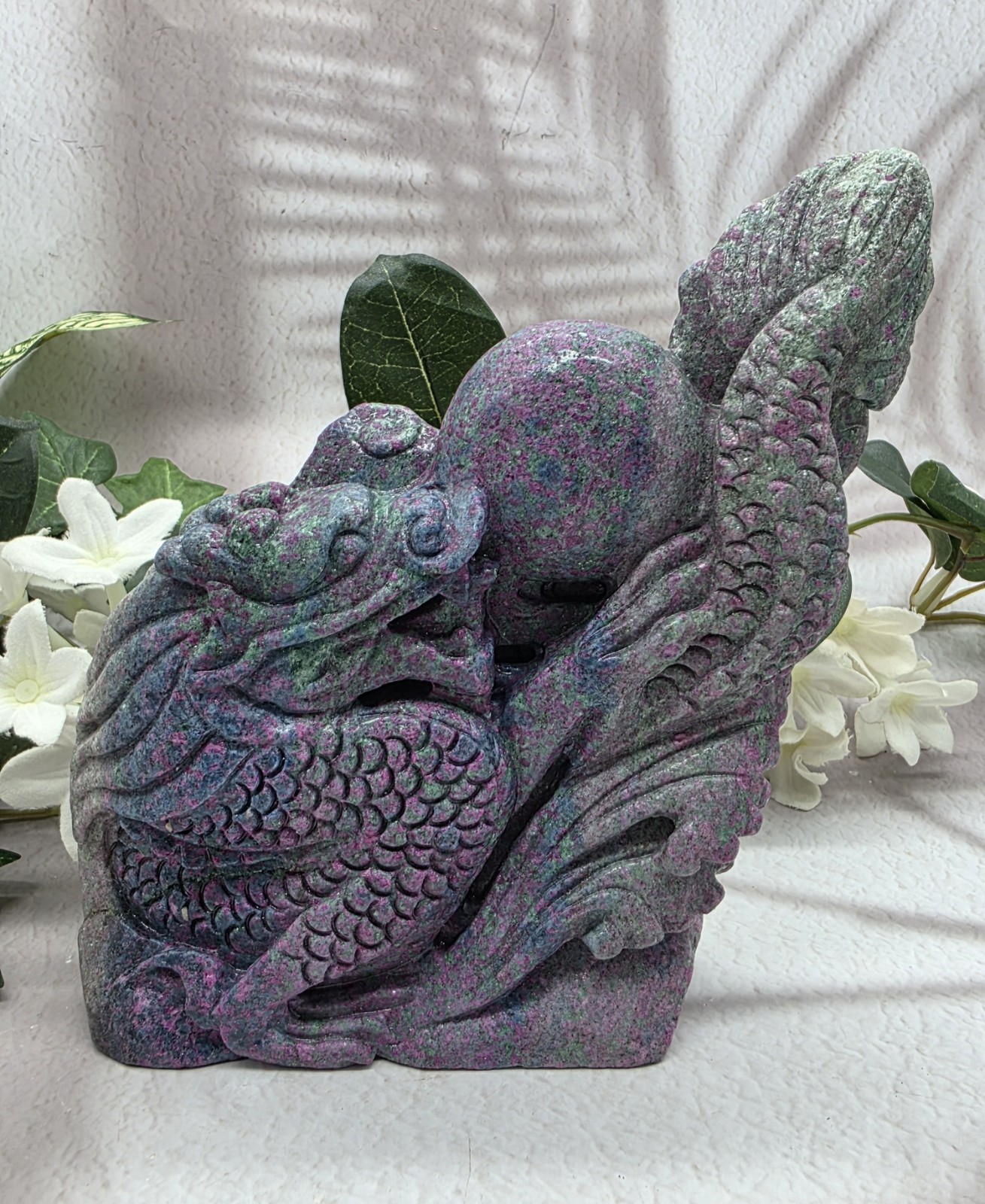 UV Reactive Ruby Kyanite Dragon Carving, Hand Carved Crystal Dragon, Ruby in Kya