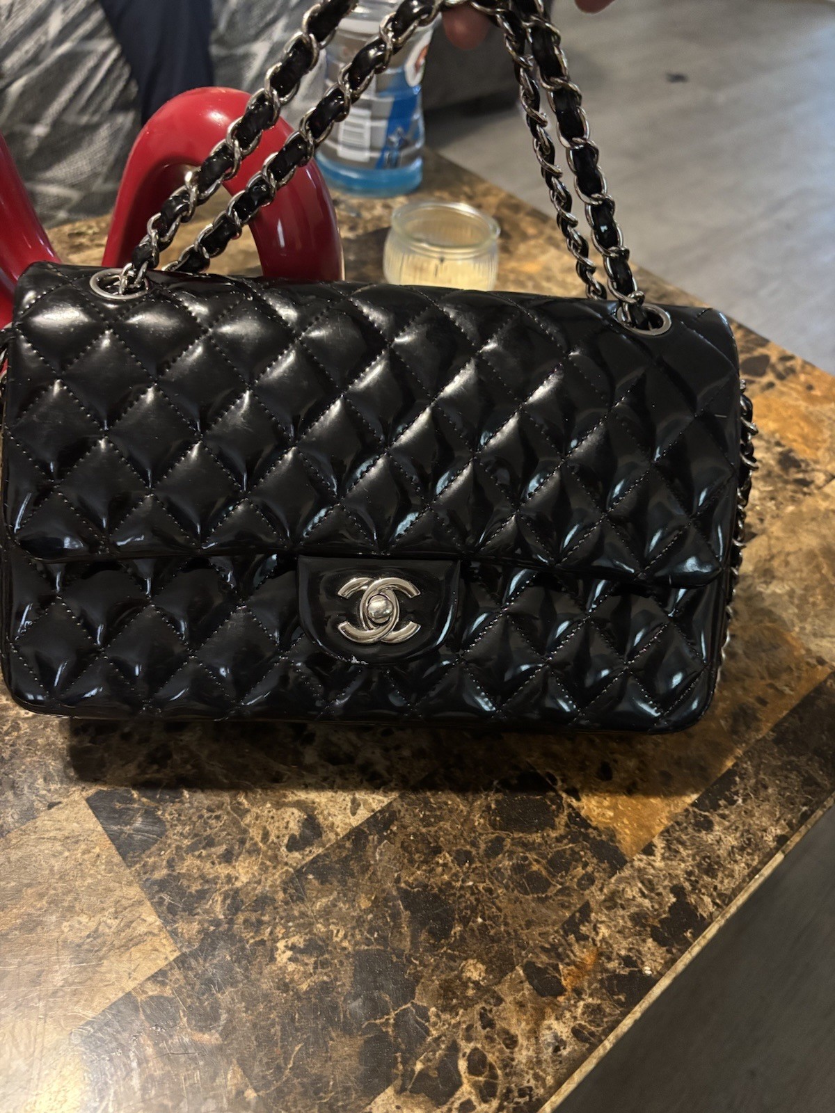 CHANEL Black Patent Leather Classic Flap Shoulder Bag