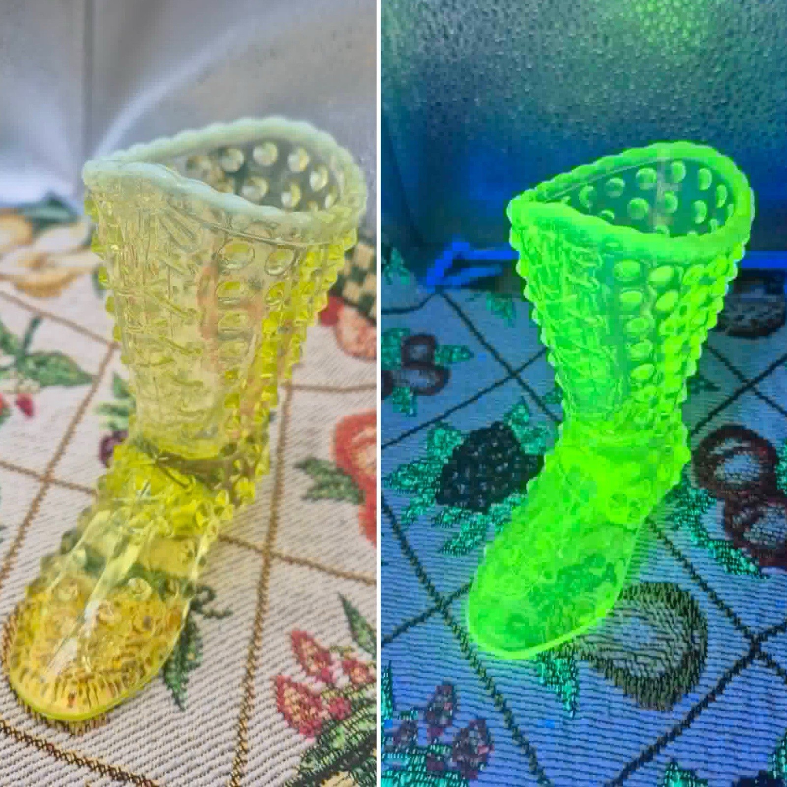 Fenton Yellow Topaz Opalescent Vaseline Glass Boot RARE Hobnail Uranium Shoe VTG