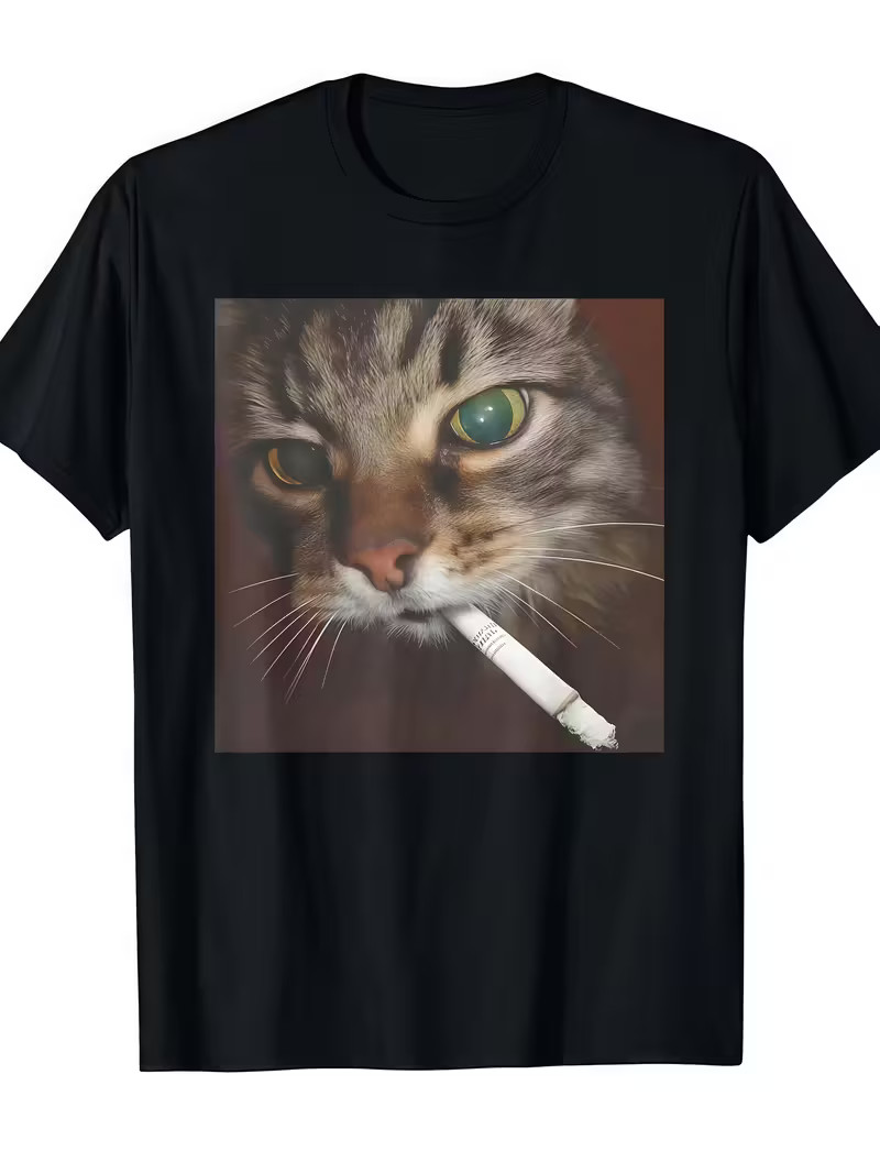 [Funny Smoking Cat] Funny Smoking Cat T-Shirt - 100% Polyester | Crew Neck Short