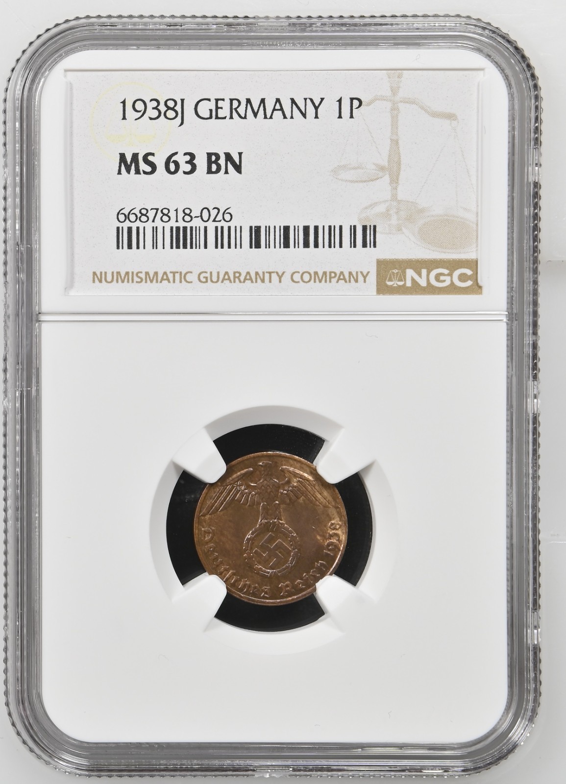 Germany 1 Pfennig 1938J NGC MS 63 BN Germany 1 Pfennig 1938J NGC MS 63 BN