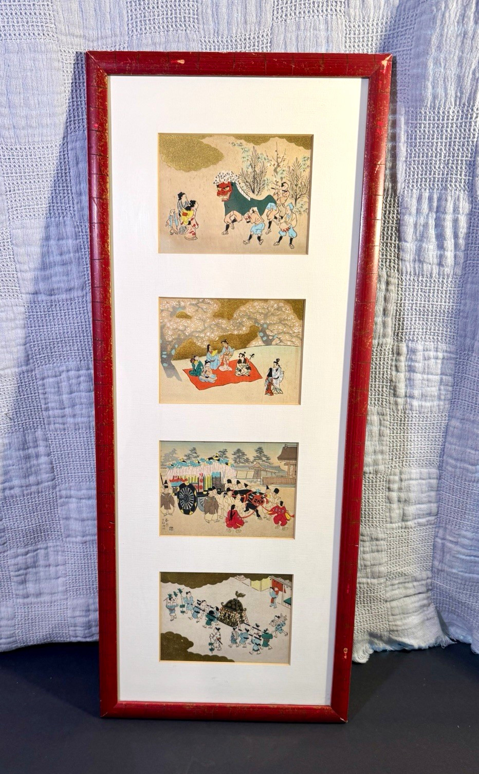 Vintage Japanese Woodblock Print Set Framed 4 Scenes Gold Leaf Matsuri Aoi Festi Vintage Japanese Woodblock Print Set Framed 4 Scenes Gold Leaf Matsuri Aoi Festi