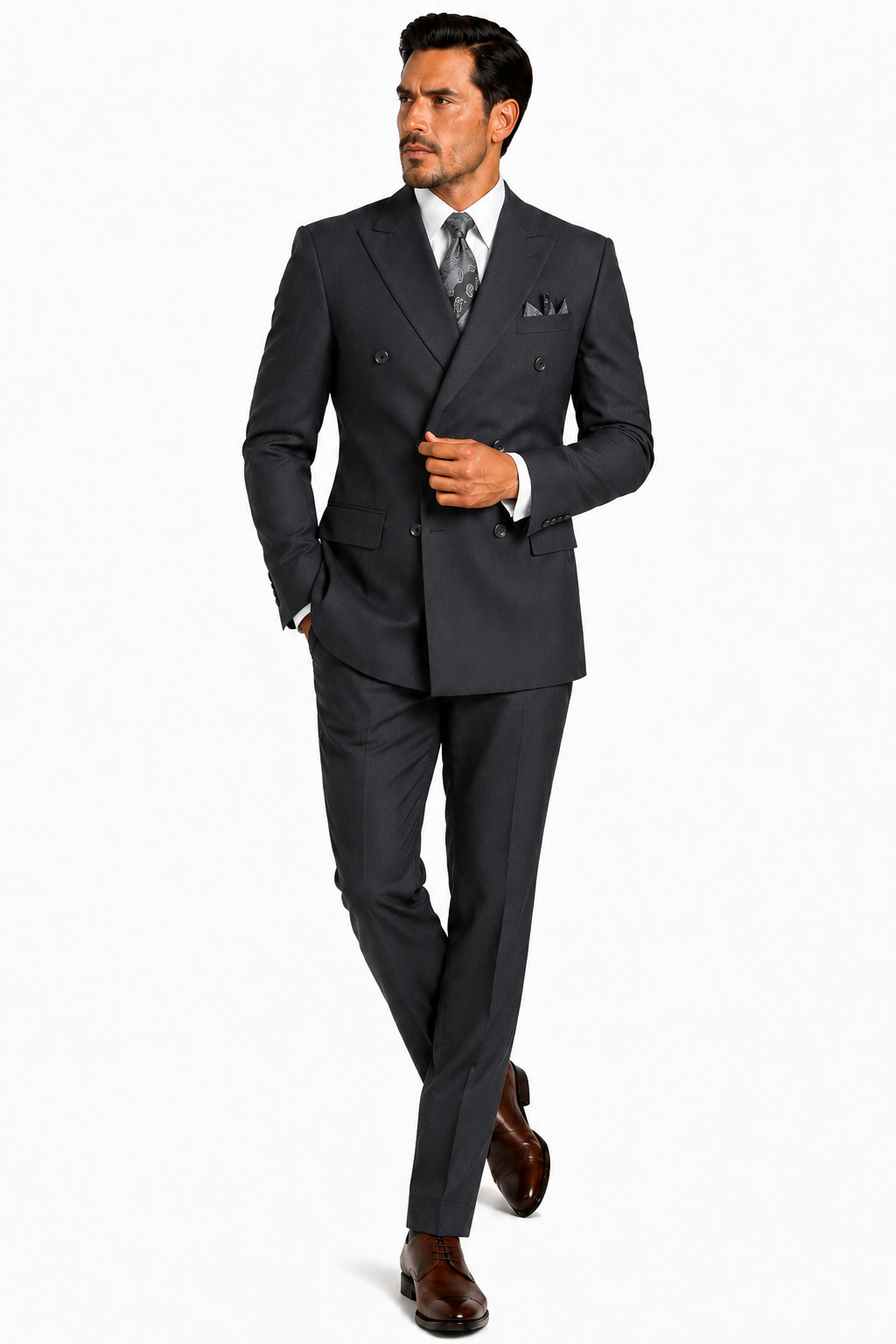 Heather Gray Vinci Men Solid Double Breasted Regular Fit Suit Elastic Waist Heather Gray Vinci Men Solid Double Breasted Regular Fit Suit Elastic Waist
