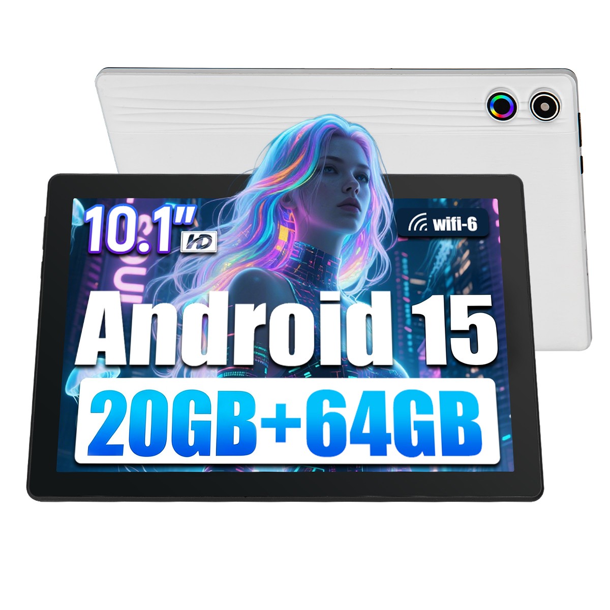 Tablet 10.1 inch Android 15 20GB+64GB WIFI 6 BT 5.3 IPS LCD HD Touchscreen