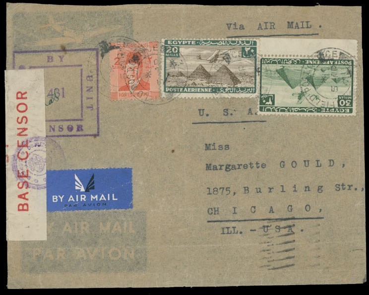1941, CZECHOSLOVAKIA MILITARY UNIT IN EGYPT PIONEER FLIGHT COVER TO CHICAGO-RARE