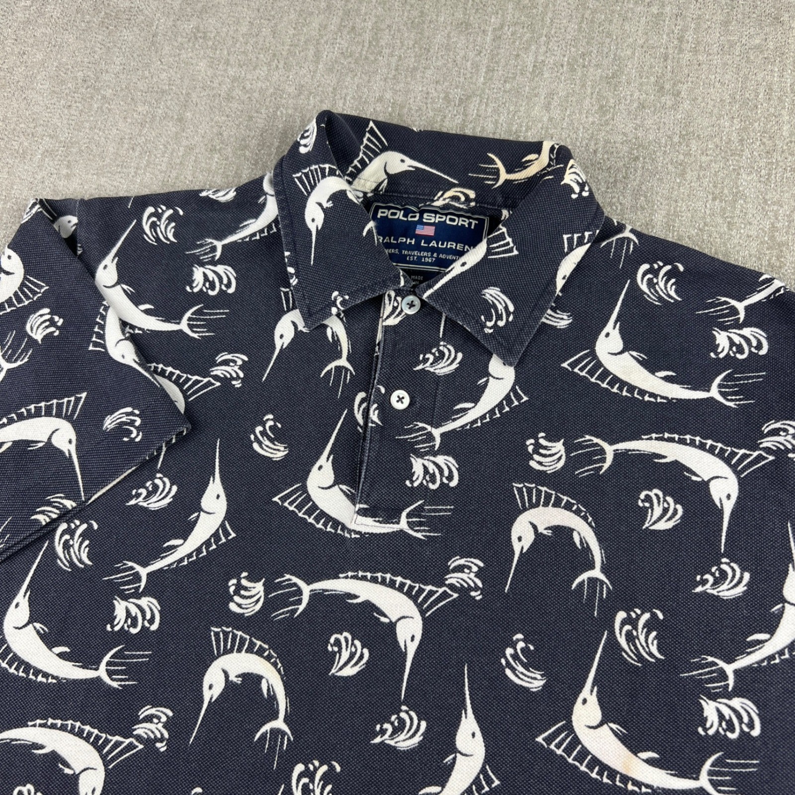 Polo Sport Ralph Lauren Polo Shirt Mens L Navy Marlin Fish Print 90s Vintage