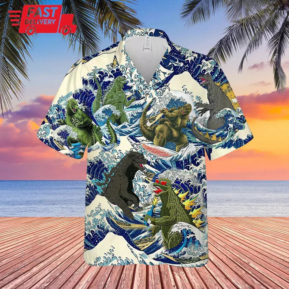 Godzilla Surfing 3D Hawaiian Shirt Japanese Art Beach Aloha Button Up Men Godzilla Surfing 3D Hawaiian Shirt Japanese Art Beach Aloha Button Up Men