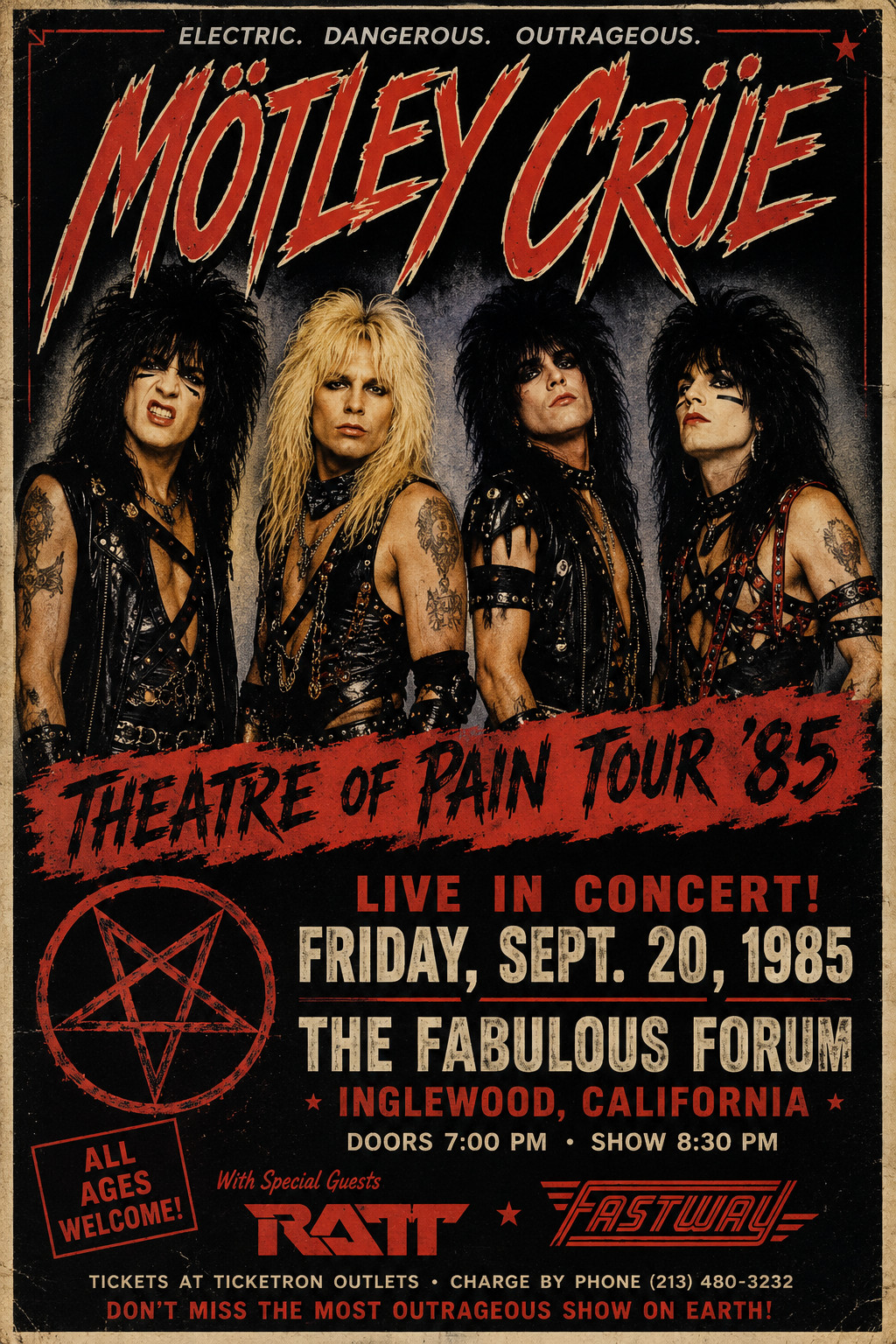 1985 MOTLEY CRUE CONCERT POSTER WALL ART PRINT INGLEWOOD CALIFORNIA SIZE 11X17in