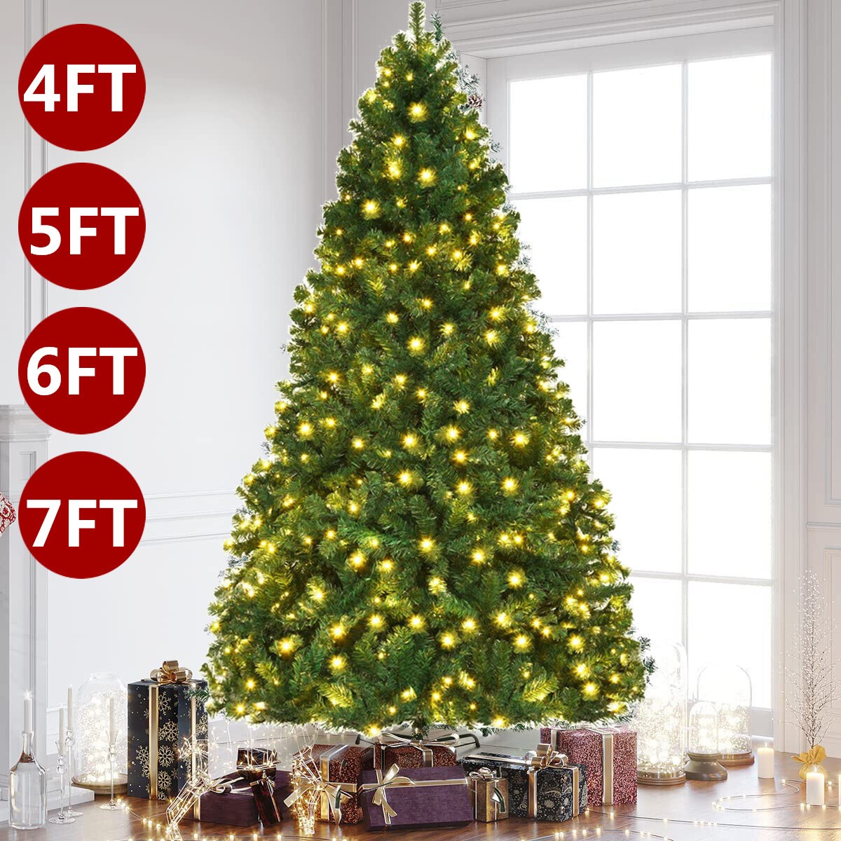 4/5/6/7FT Artificial Christmas Tree with LED Lights Stand Xmas Holiday Pre Lit